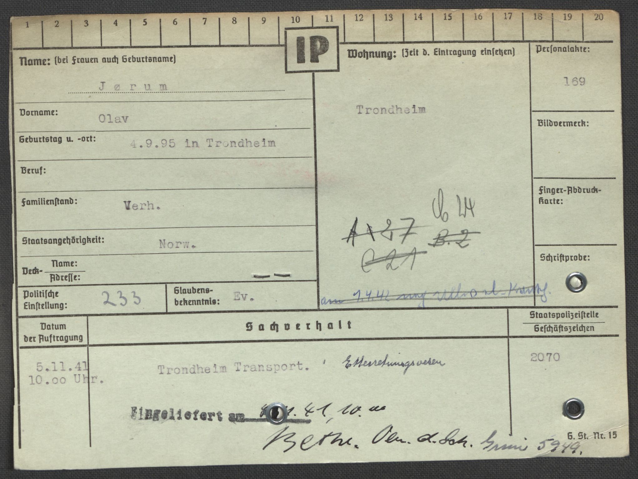 Befehlshaber der Sicherheitspolizei und des SD, AV/RA-RAFA-5969/E/Ea/Eaa/L0005: Register over norske fanger i Møllergata 19: Hø-Kj, 1940-1945, p. 1149