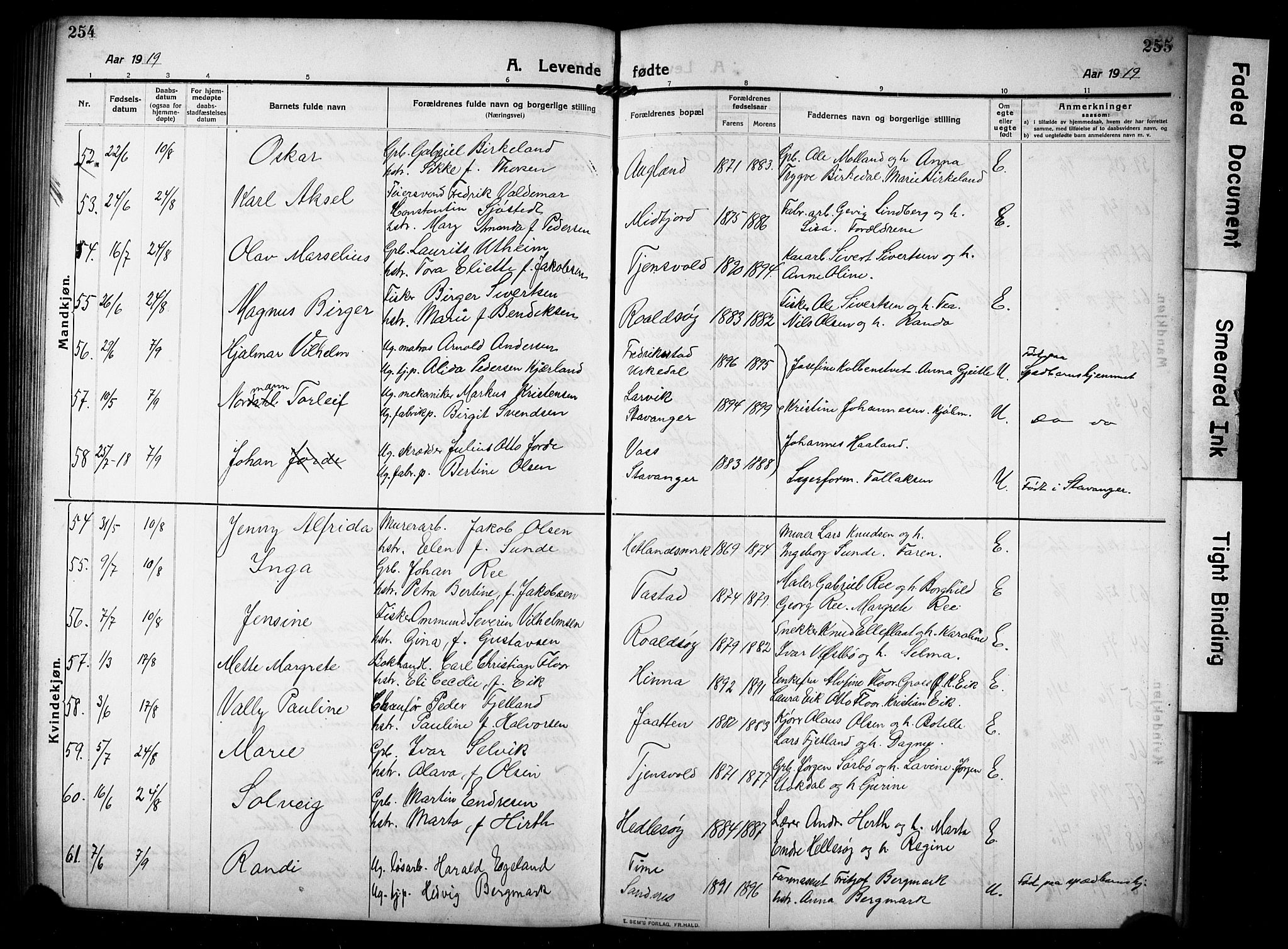 Hetland sokneprestkontor, AV/SAST-A-101826/30/30BB/L0008: Parish register (copy) no. B 8, 1910-1921, p. 254-255