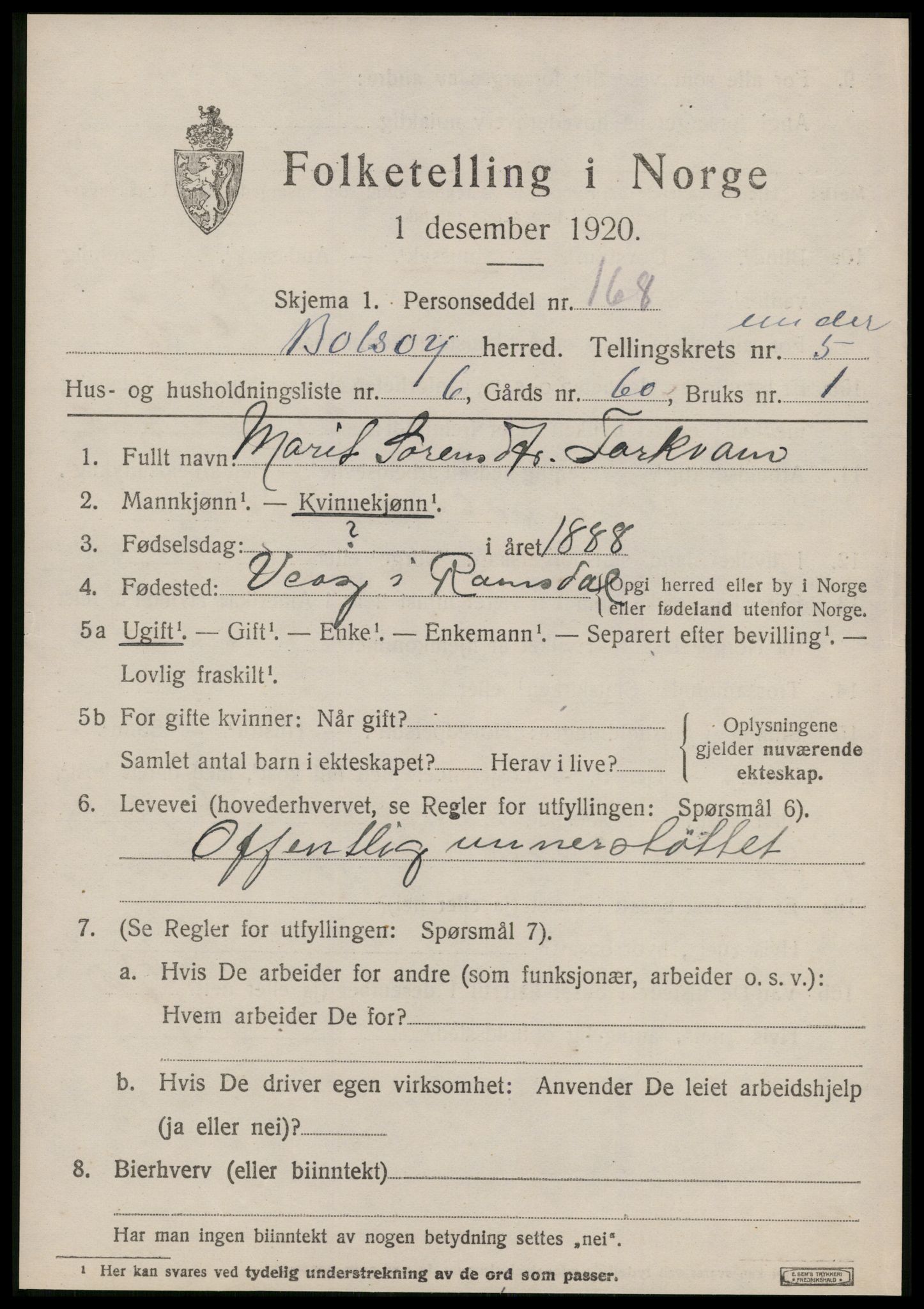 SAT, 1920 census for Bolsøy, 1920, p. 7535