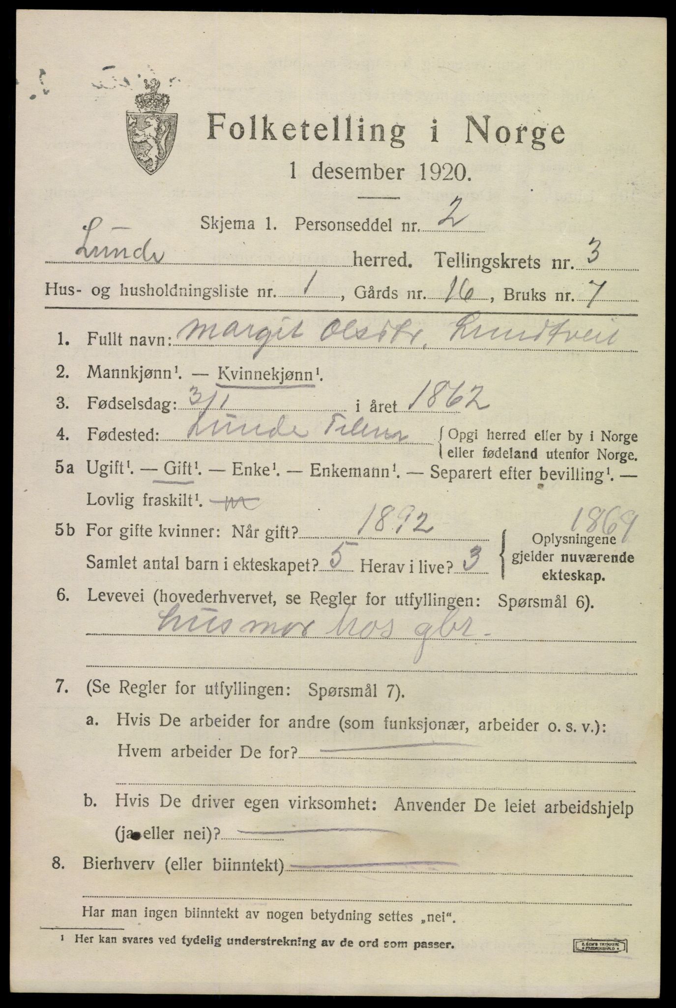 SAKO, 1920 census for Lunde, 1920, p. 2327