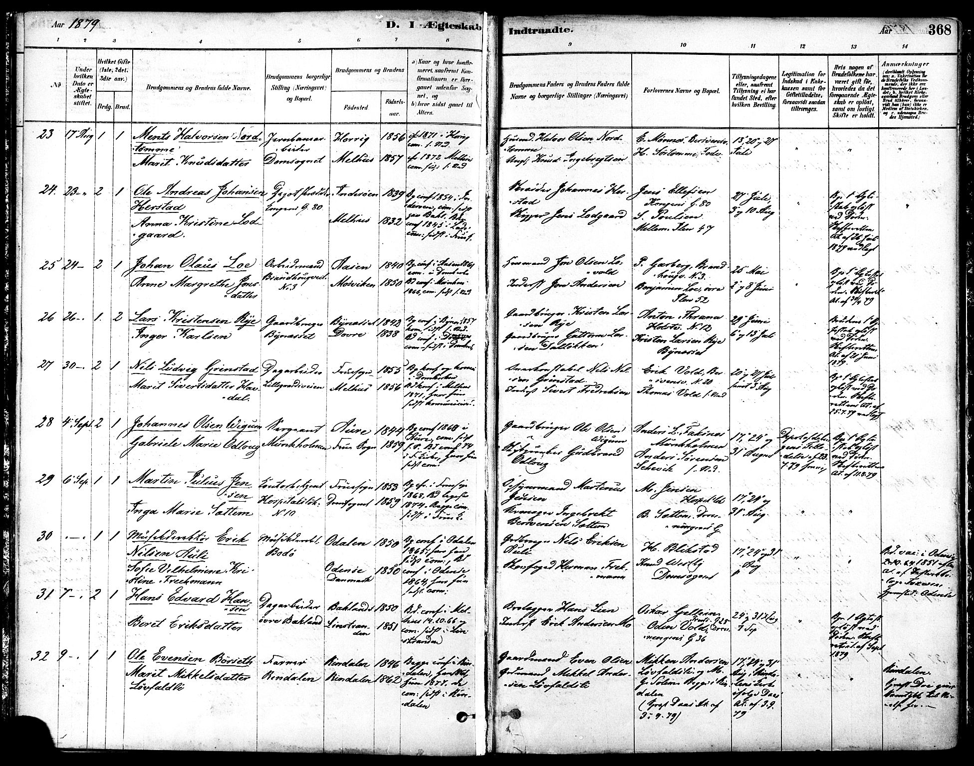 Ministerialprotokoller, klokkerbøker og fødselsregistre - Sør-Trøndelag, AV/SAT-A-1456/601/L0058: Parish register (official) no. 601A26, 1877-1891, p. 368