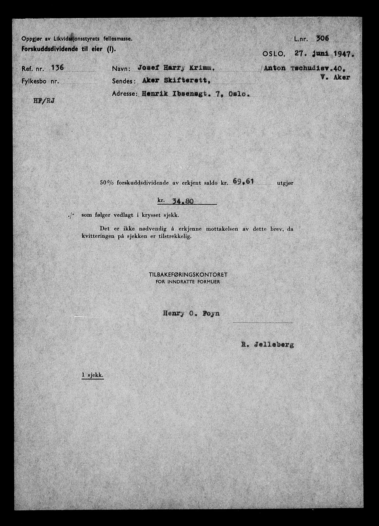 Justisdepartementet, Tilbakeføringskontoret for inndratte formuer, AV/RA-S-1564/H/Hc/Hcc/L0953: --, 1945-1947, p. 288