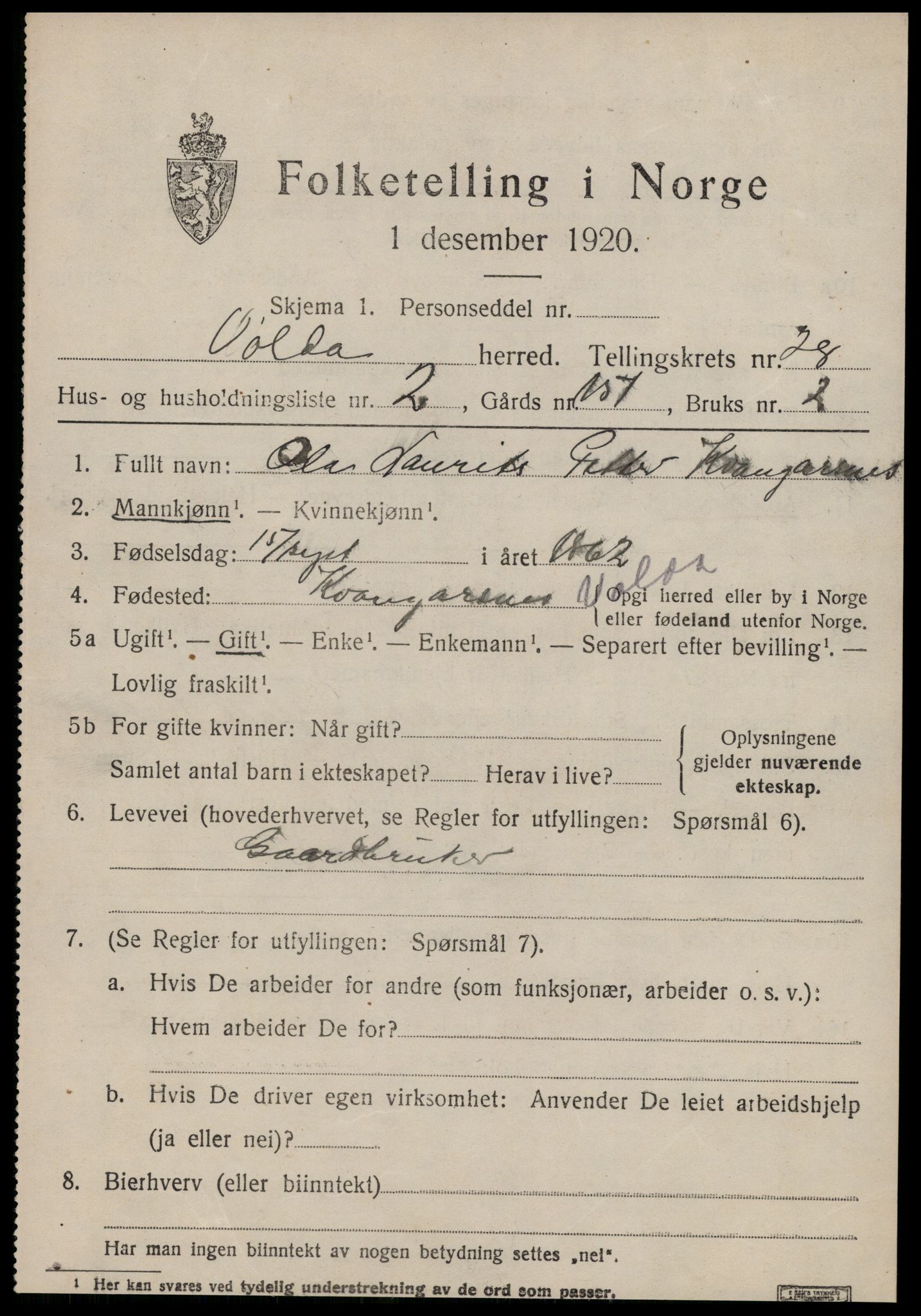 SAT, 1920 census for Volda, 1920, p. 12948