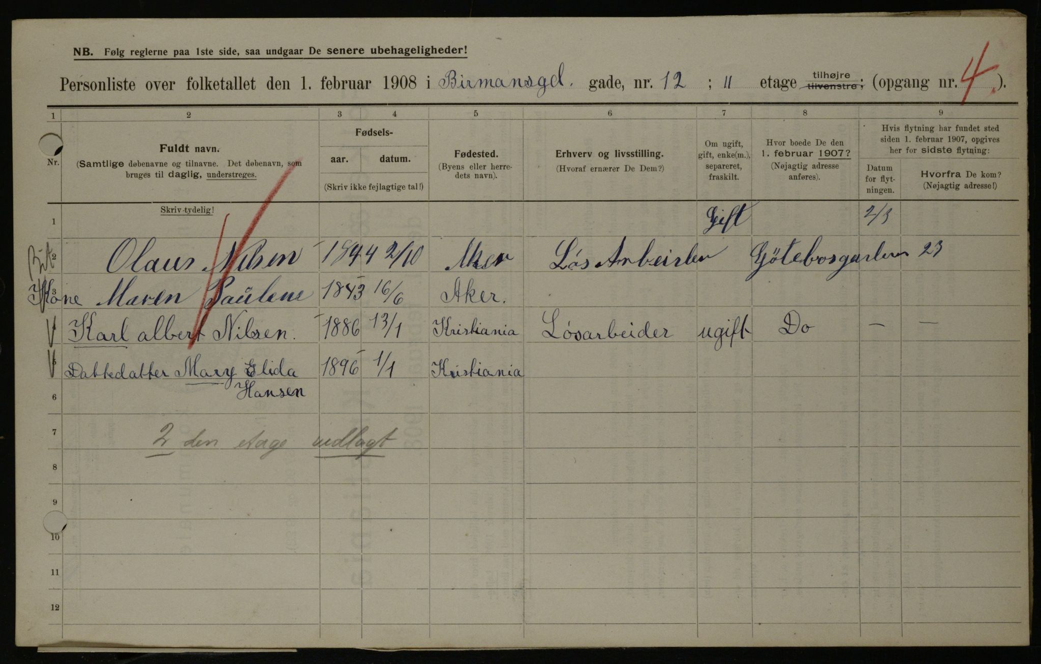 OBA, Municipal Census 1908 for Kristiania, 1908, p. 4835