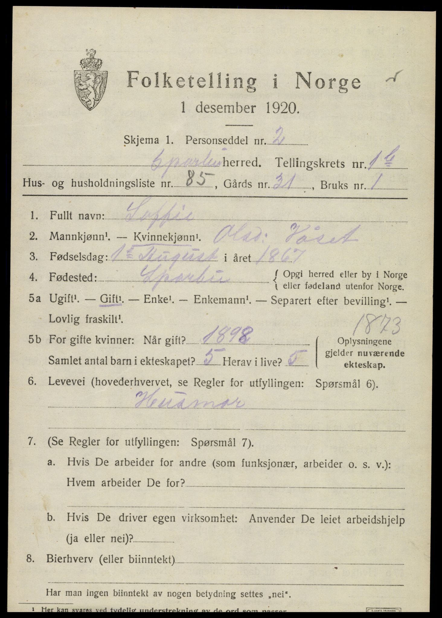 SAT, 1920 census for Sparbu, 1920, p. 3181