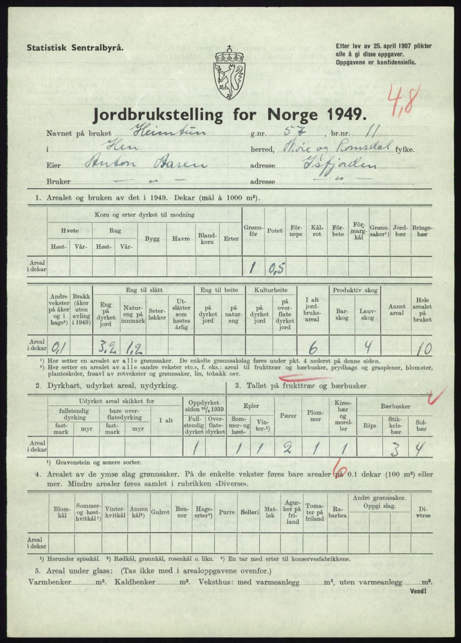 Statistisk sentralbyrå, Næringsøkonomiske emner, Jordbruk, skogbruk, jakt, fiske og fangst, AV/RA-S-2234/G/Gc/L0323: Møre og Romsdal: Grytten og Hen, 1949, p. 541