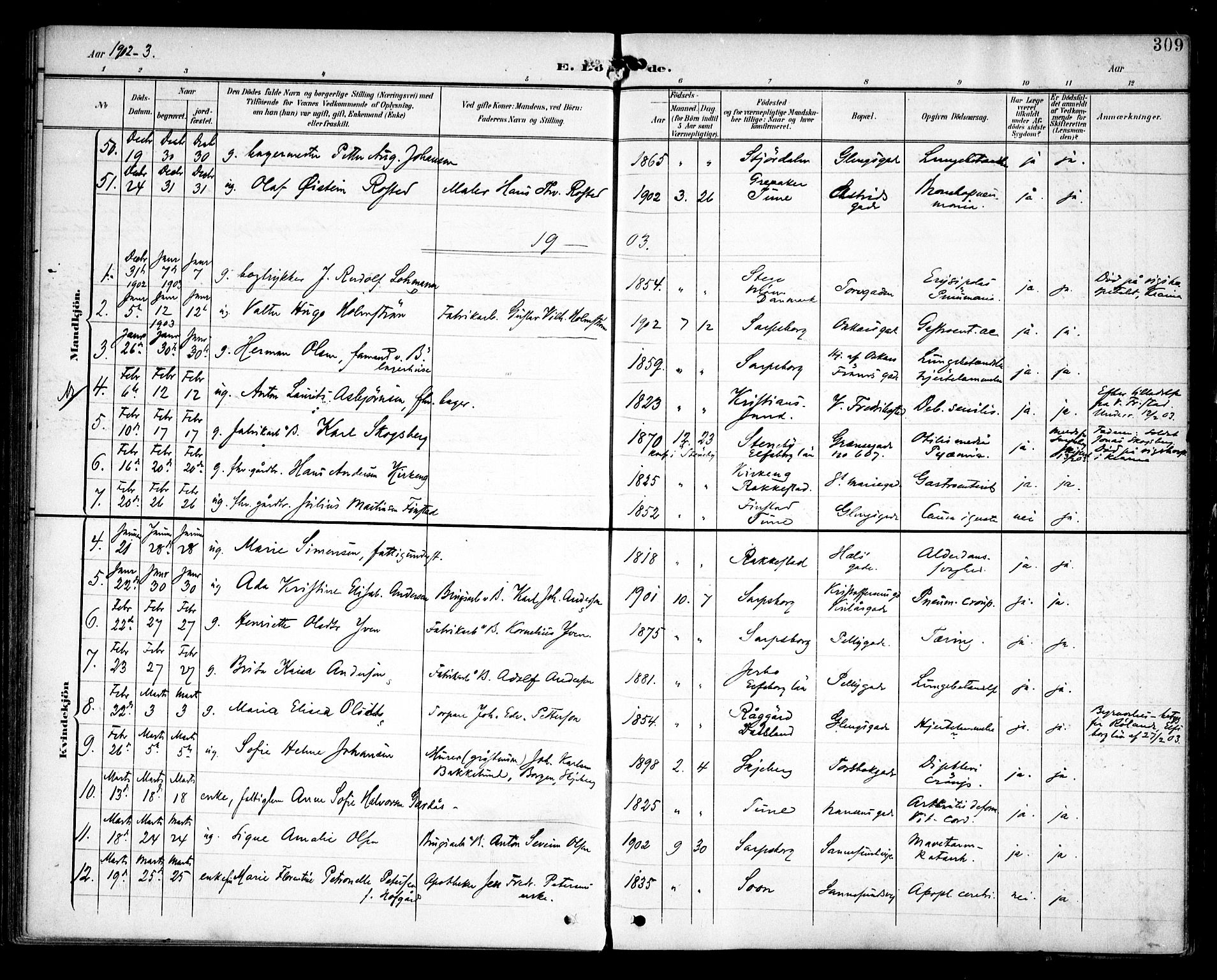 Sarpsborg prestekontor Kirkebøker, AV/SAO-A-2006/F/Fa/L0006: Parish register (official) no. 6, 1900-1909, p. 309