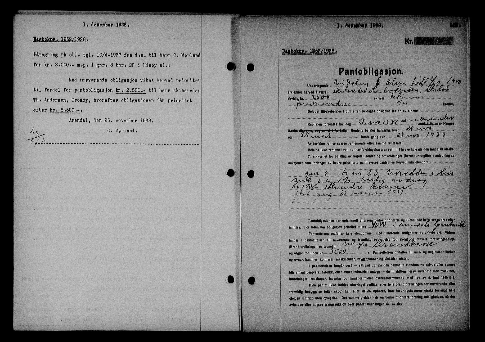 Nedenes sorenskriveri, SAK/1221-0006/G/Gb/Gba/L0045: Mortgage book no. 41, 1938-1938, Diary no: : 1253/1938