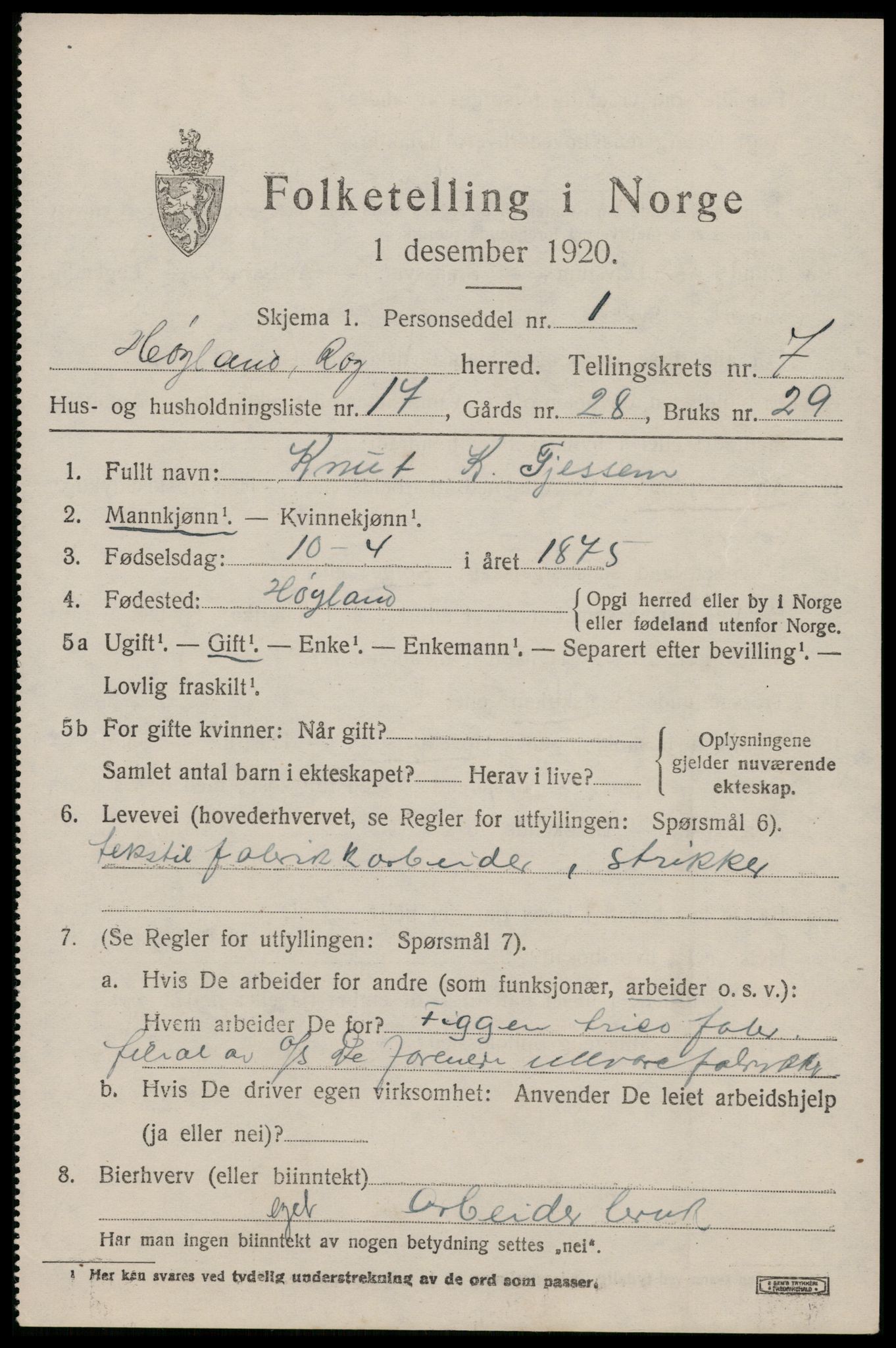 SAST, 1920 census for Høyland, 1920, p. 4838