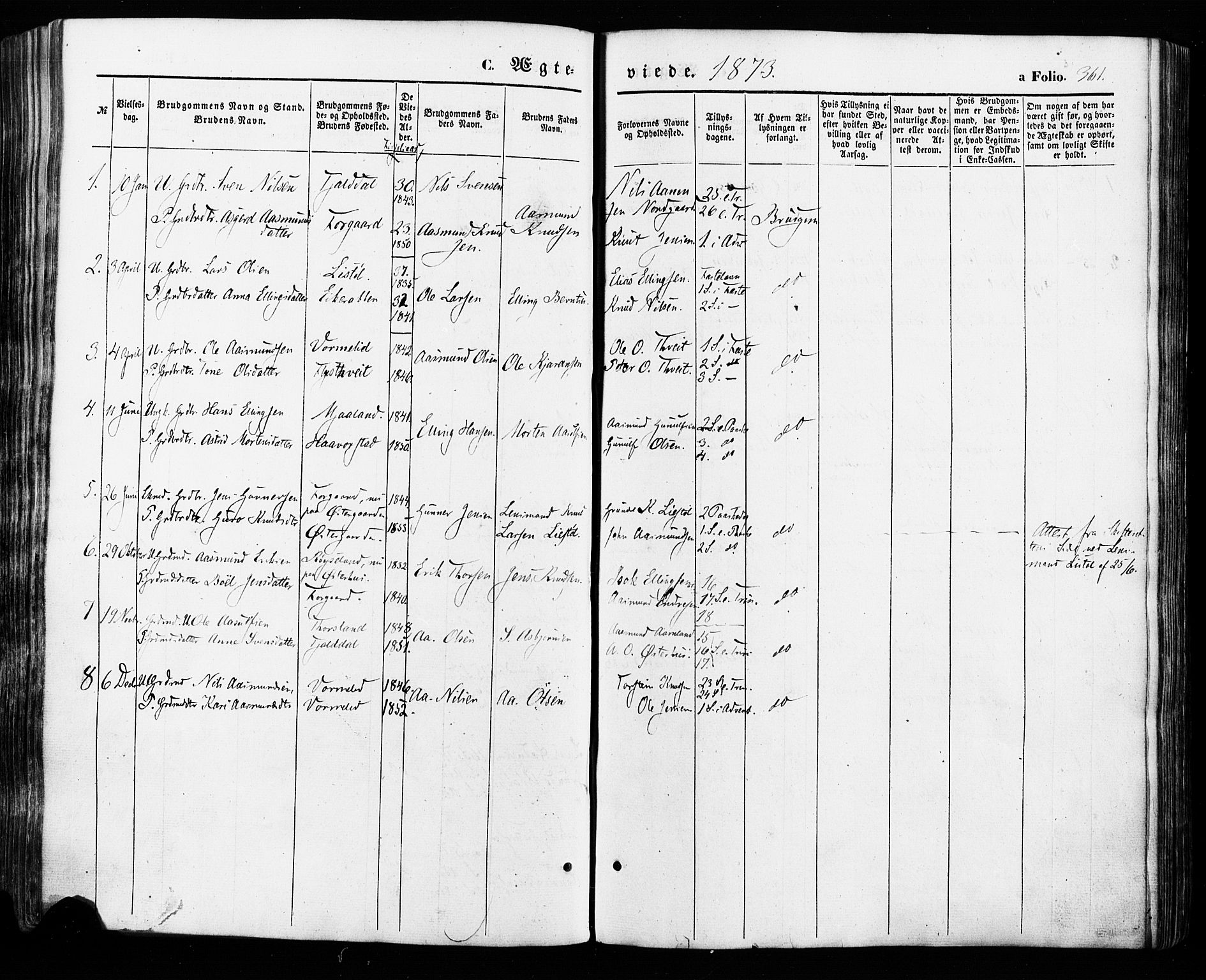 Åseral sokneprestkontor, SAK/1111-0051/F/Fa/L0002: Parish register (official) no. A 2, 1854-1884, p. 361