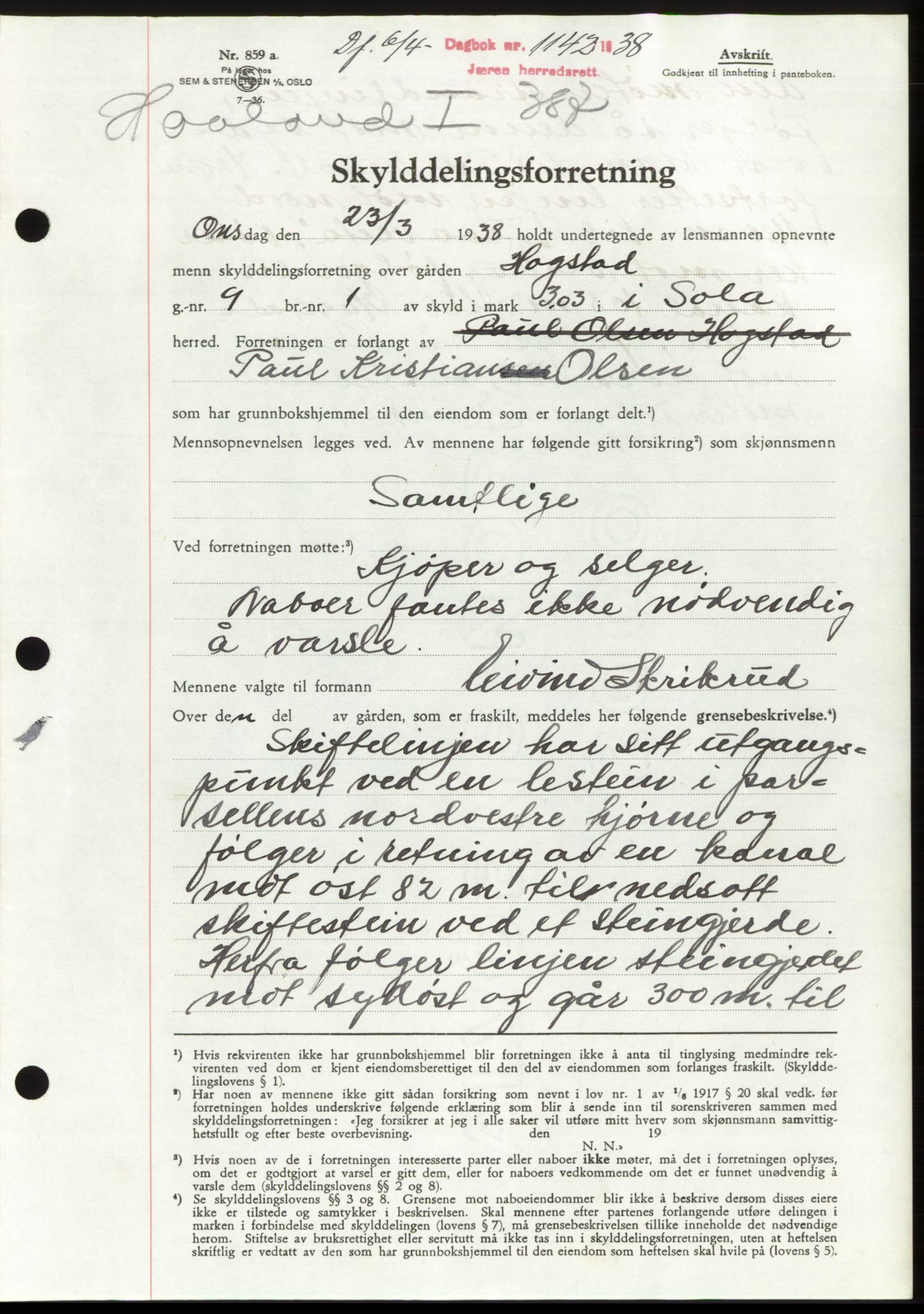 Jæren sorenskriveri, SAST/A-100310/03/G/Gba/L0070: Mortgage book, 1938-1938, Diary no: : 1142/1938