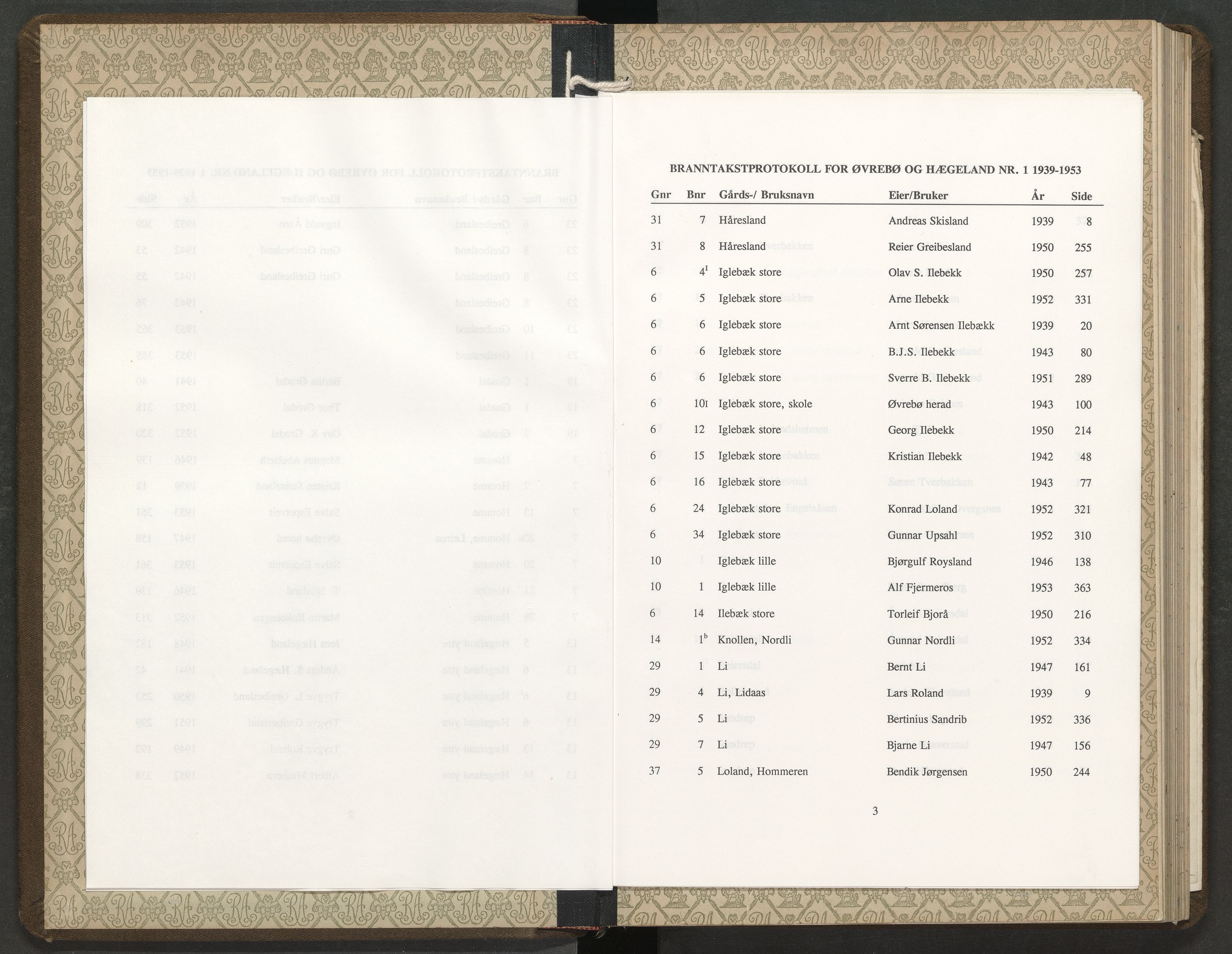 Norges Brannkasse Øvrebø og Hægeland, AV/SAK-2241-0058/F/Fa/L0001: Branntakstprotokoll nr. 1 med gårdsnavnregister, 1939-1953