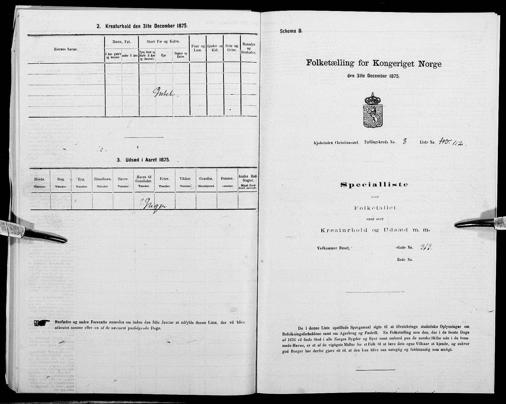 SAK, 1875 census for 1001P Kristiansand, 1875, p. 1461