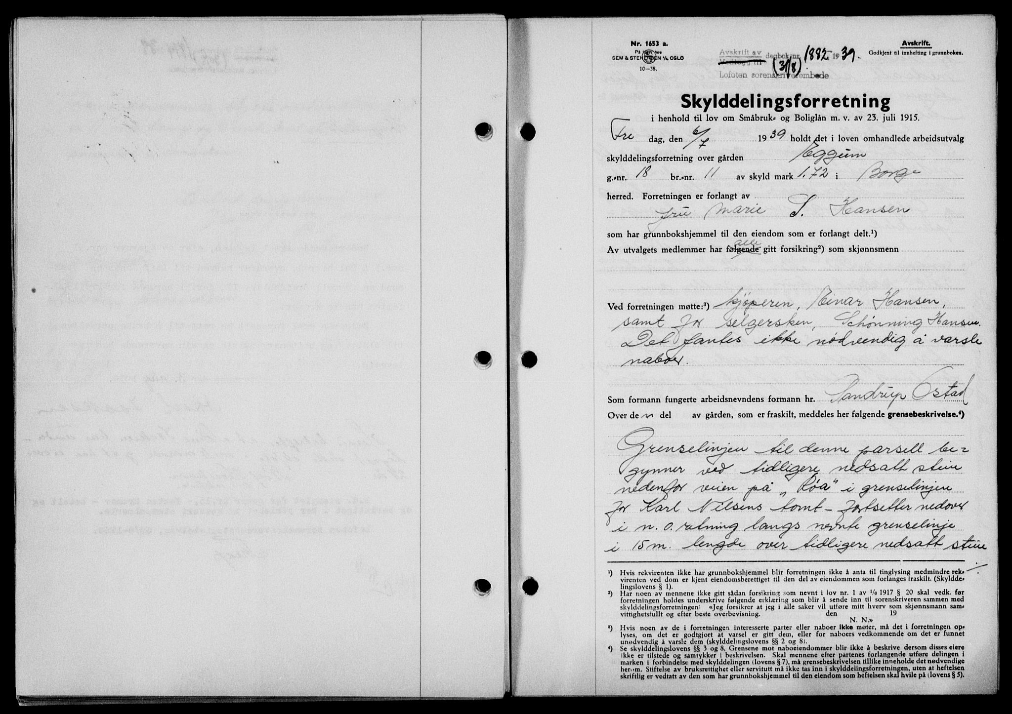 Lofoten sorenskriveri, SAT/A-0017/1/2/2C/L0006a: Mortgage book no. 6a, 1939-1939, Diary no: : 1882/1939