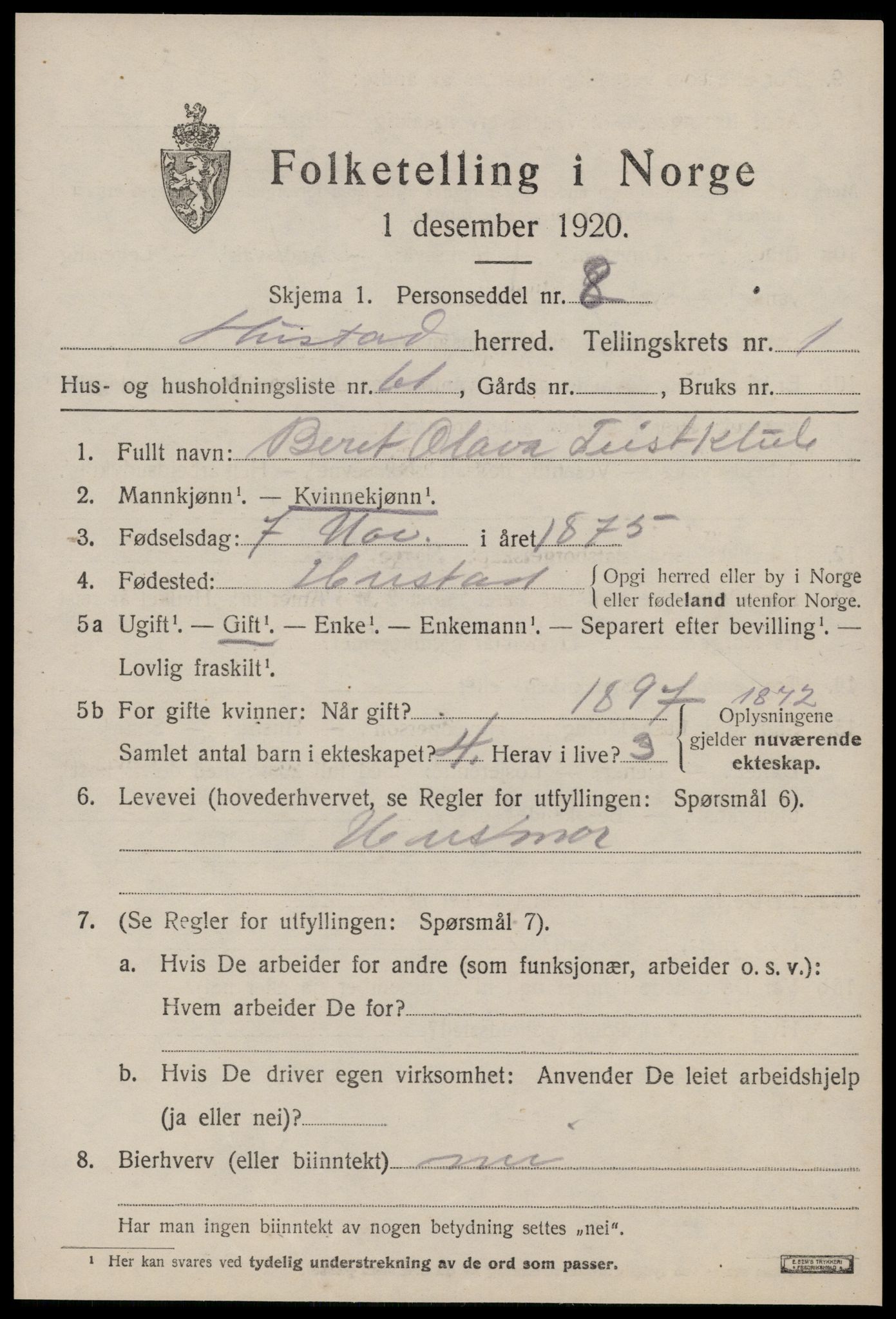 SAT, 1920 census for Hustad, 1920, p. 1513