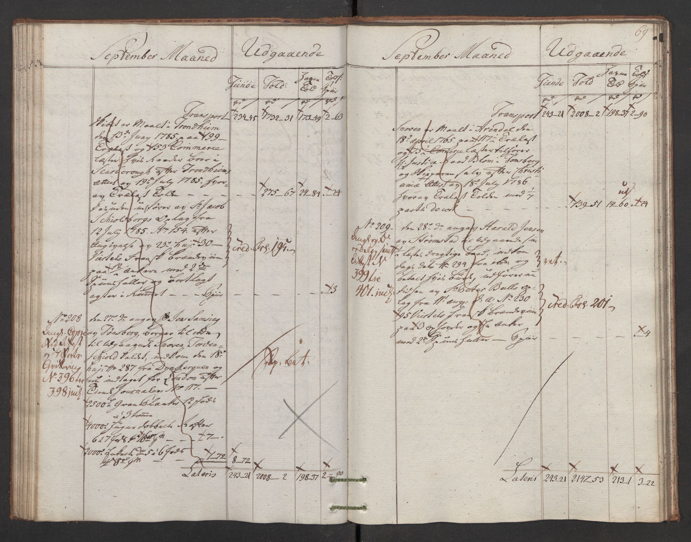 Generaltollkammeret, tollregnskaper, AV/RA-EA-5490/R02/L0092/0001: Tollregnskaper Fredrikstad / Utgående hovedtollbok, 1786, p. 68b-69a