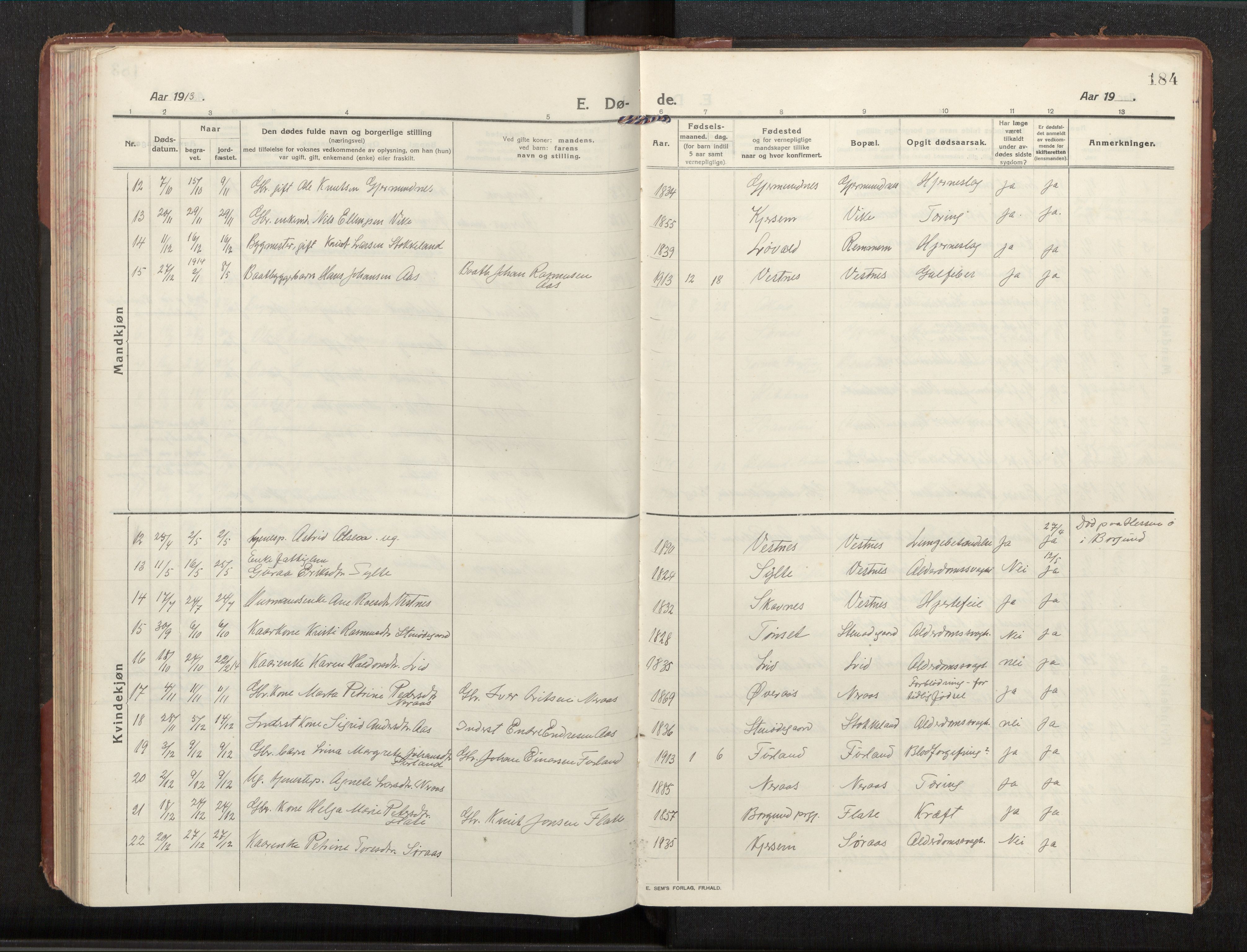 Ministerialprotokoller, klokkerbøker og fødselsregistre - Møre og Romsdal, AV/SAT-A-1454/539/L0536a: Parish register (copy) no. 539C03, 1912-1936, p. 184