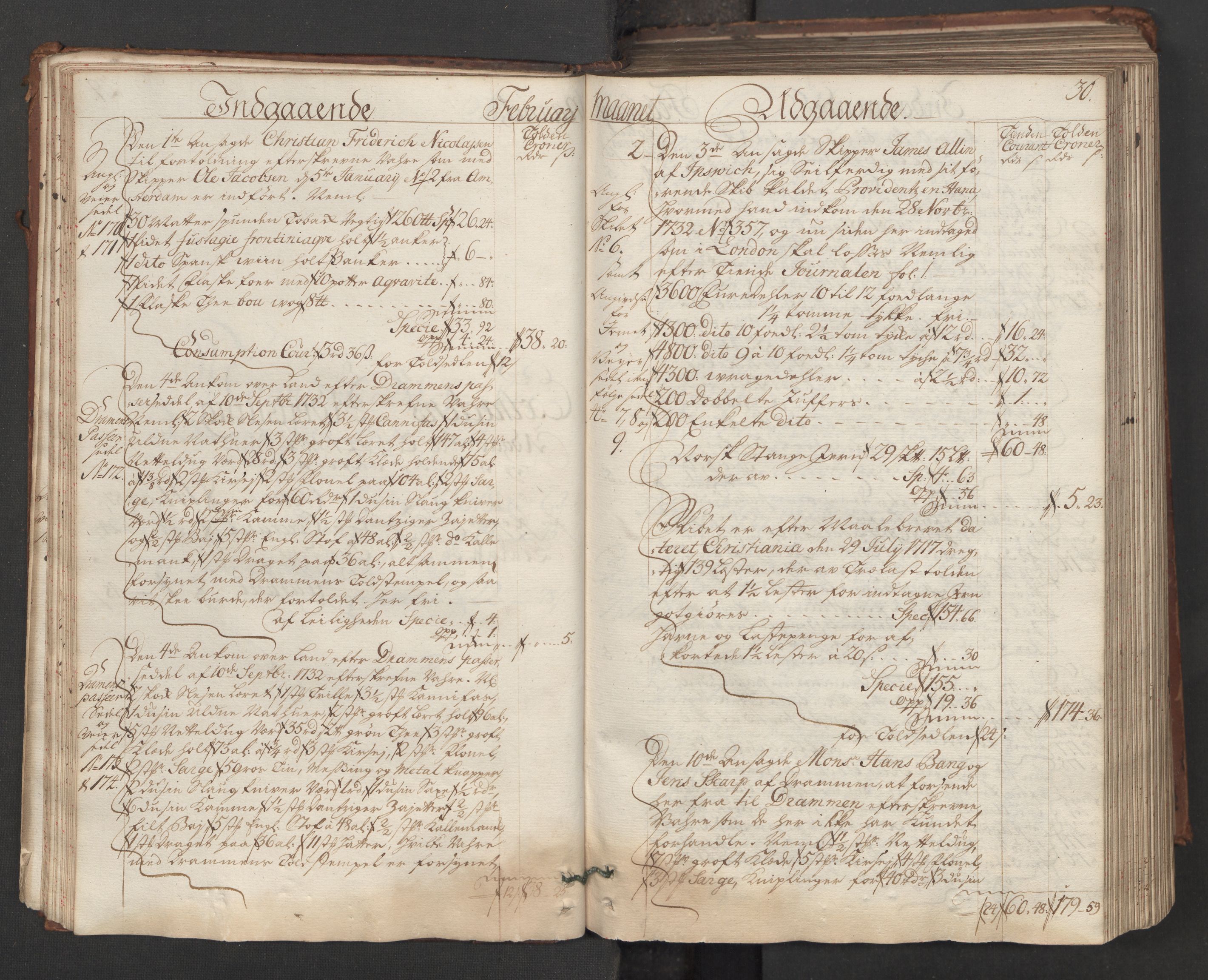 Generaltollkammeret, tollregnskaper, RA/EA-5490/R06/L0015/0001: Tollregnskaper Kristiania / Hovedtollbok, 1733, p. 29b-30a