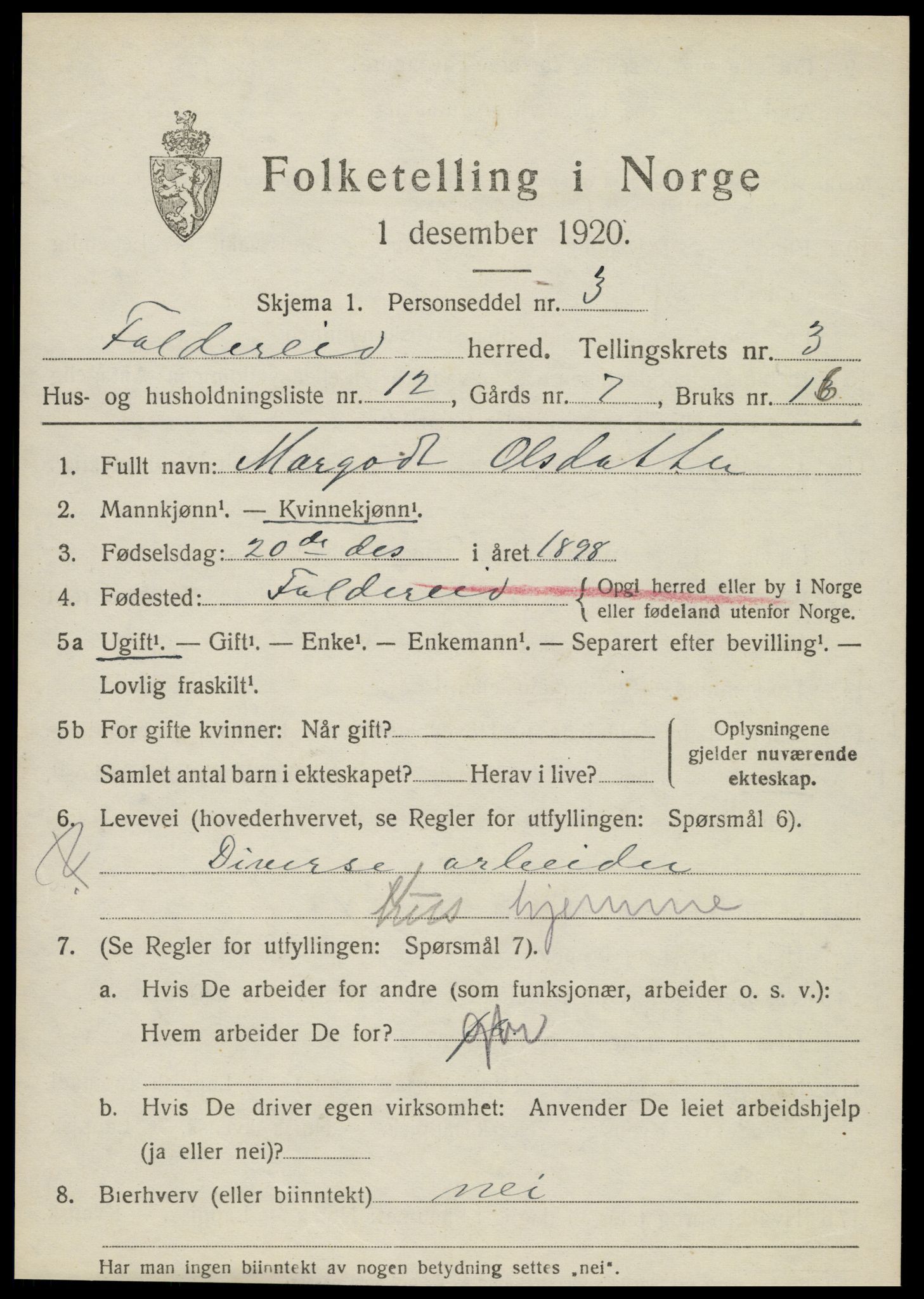 SAT, 1920 census for Foldereid, 1920, p. 1322