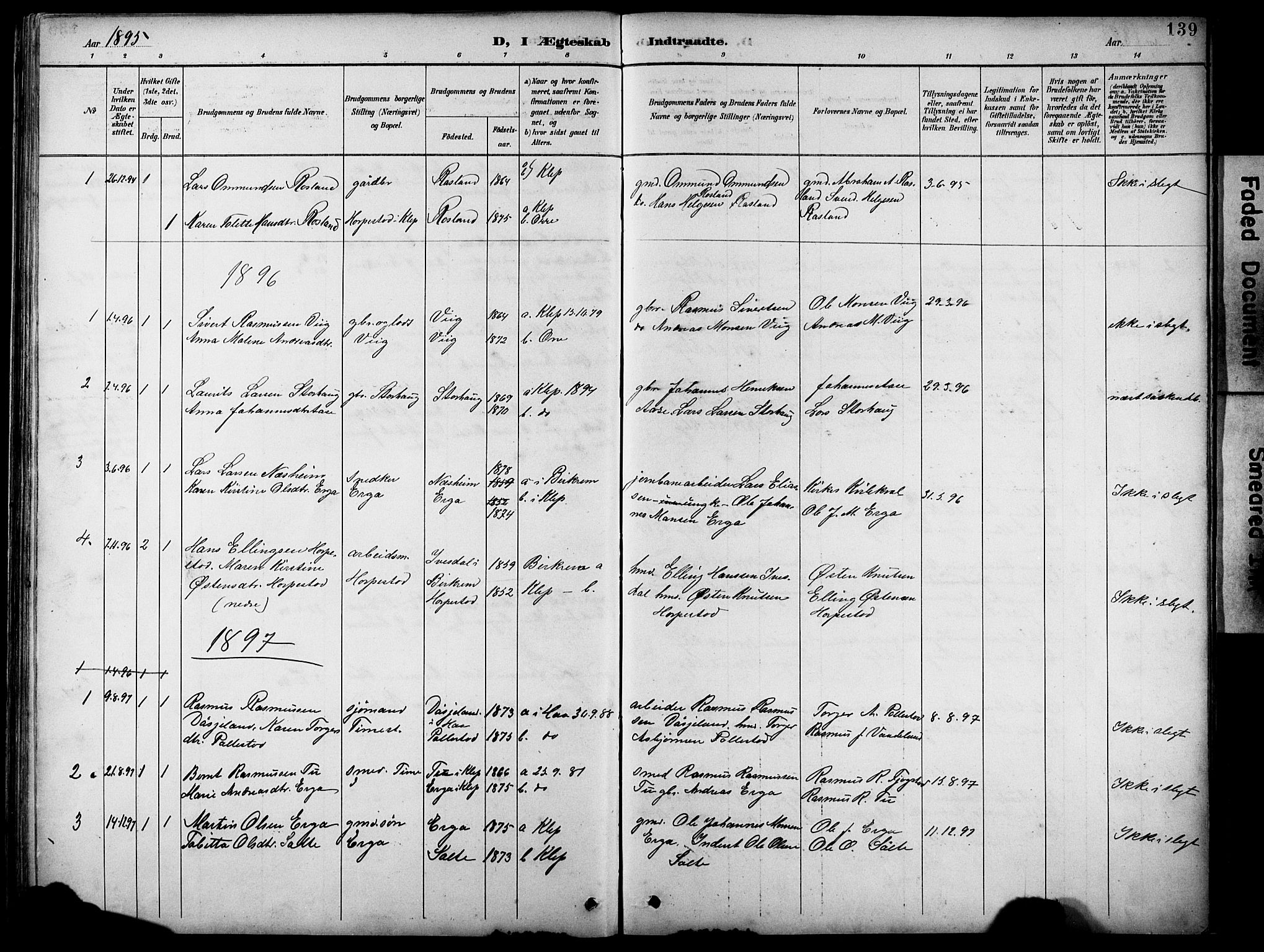 Klepp sokneprestkontor, SAST/A-101803/001/3/30BB/L0005: Parish register (copy) no. B 5, 1889-1918, p. 139
