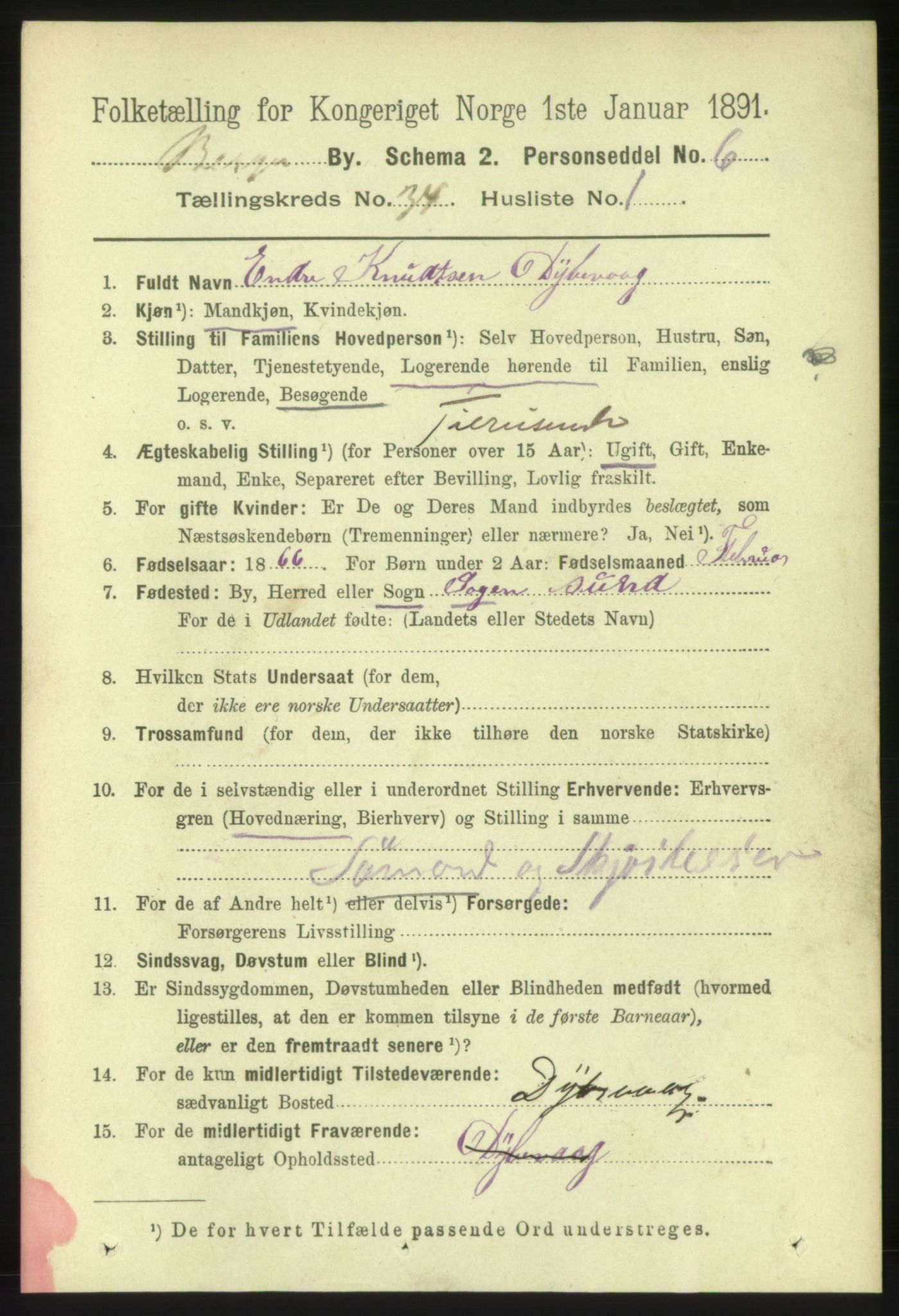 RA, 1891 Census for 1301 Bergen, 1891, p. 42092