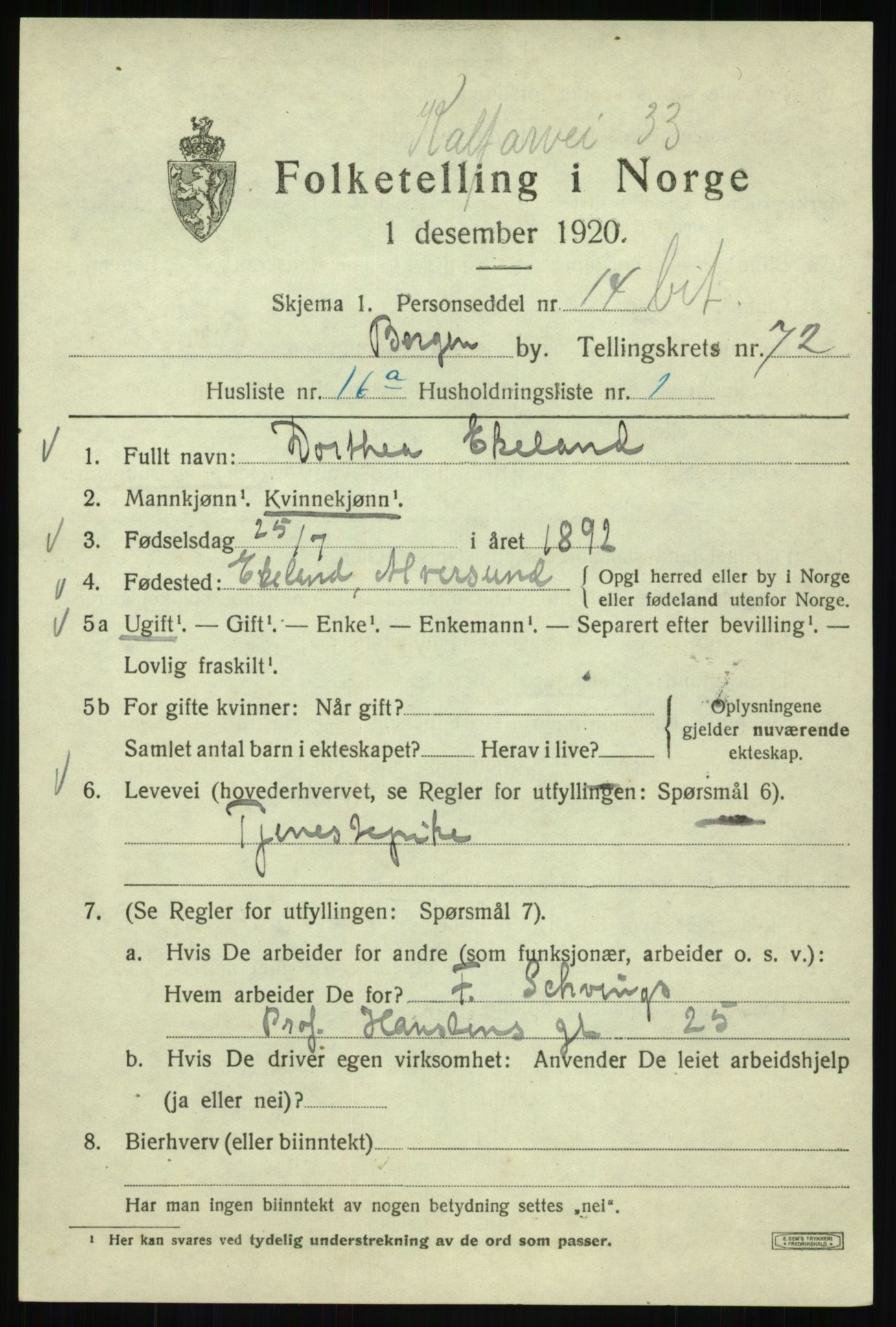 SAB, 1920 census for Bergen, 1920, p. 142362