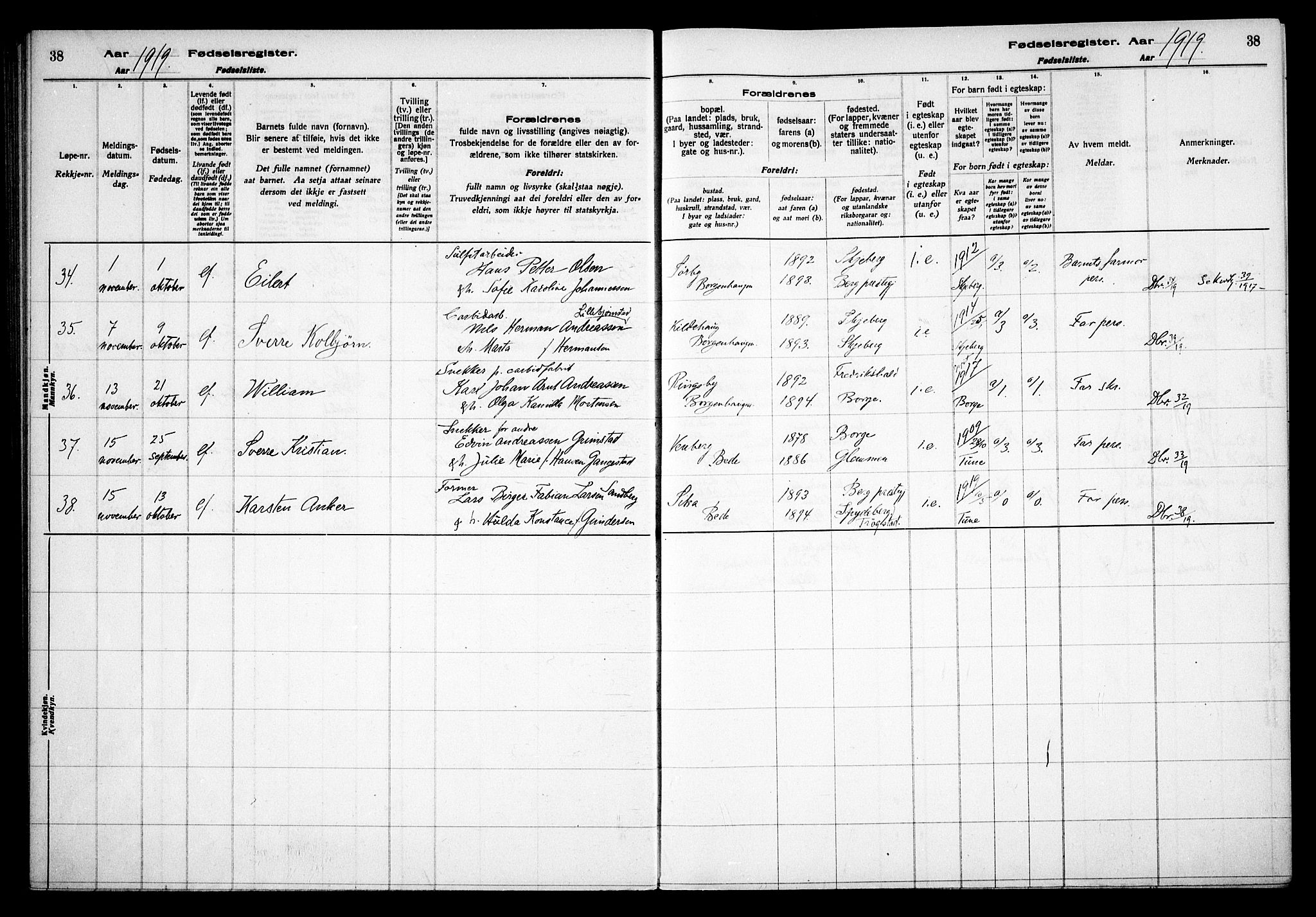 Skjeberg prestekontor Kirkebøker, AV/SAO-A-10923/J/Jd/L0001: Birth register no. IV 1, 1916-1935, p. 38