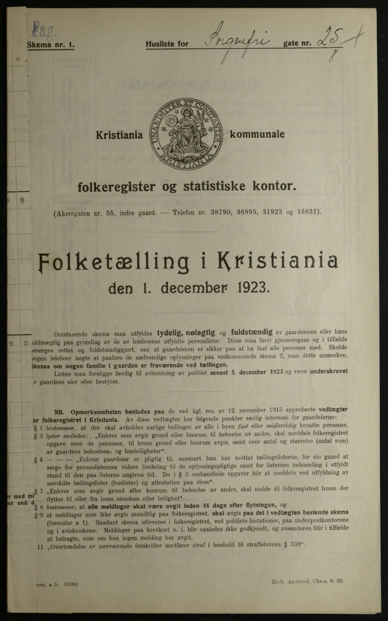 OBA, Municipal Census 1923 for Kristiania, 1923, p. 110501
