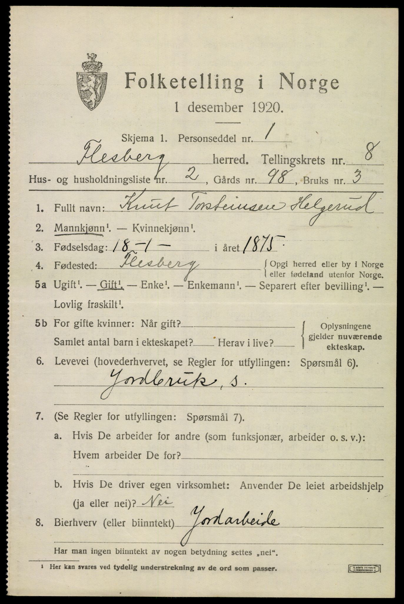 SAKO, 1920 census for Flesberg, 1920, p. 3067