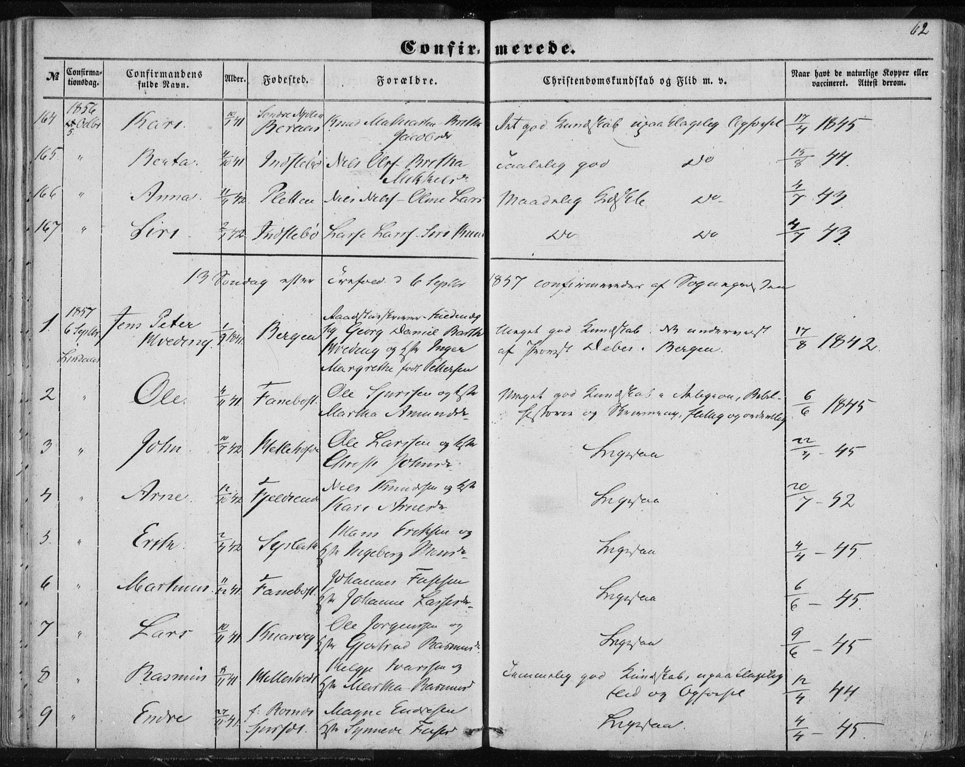Lindås Sokneprestembete, SAB/A-76701/H/Haa: Parish register (official) no. A 13, 1848-1862, p. 62