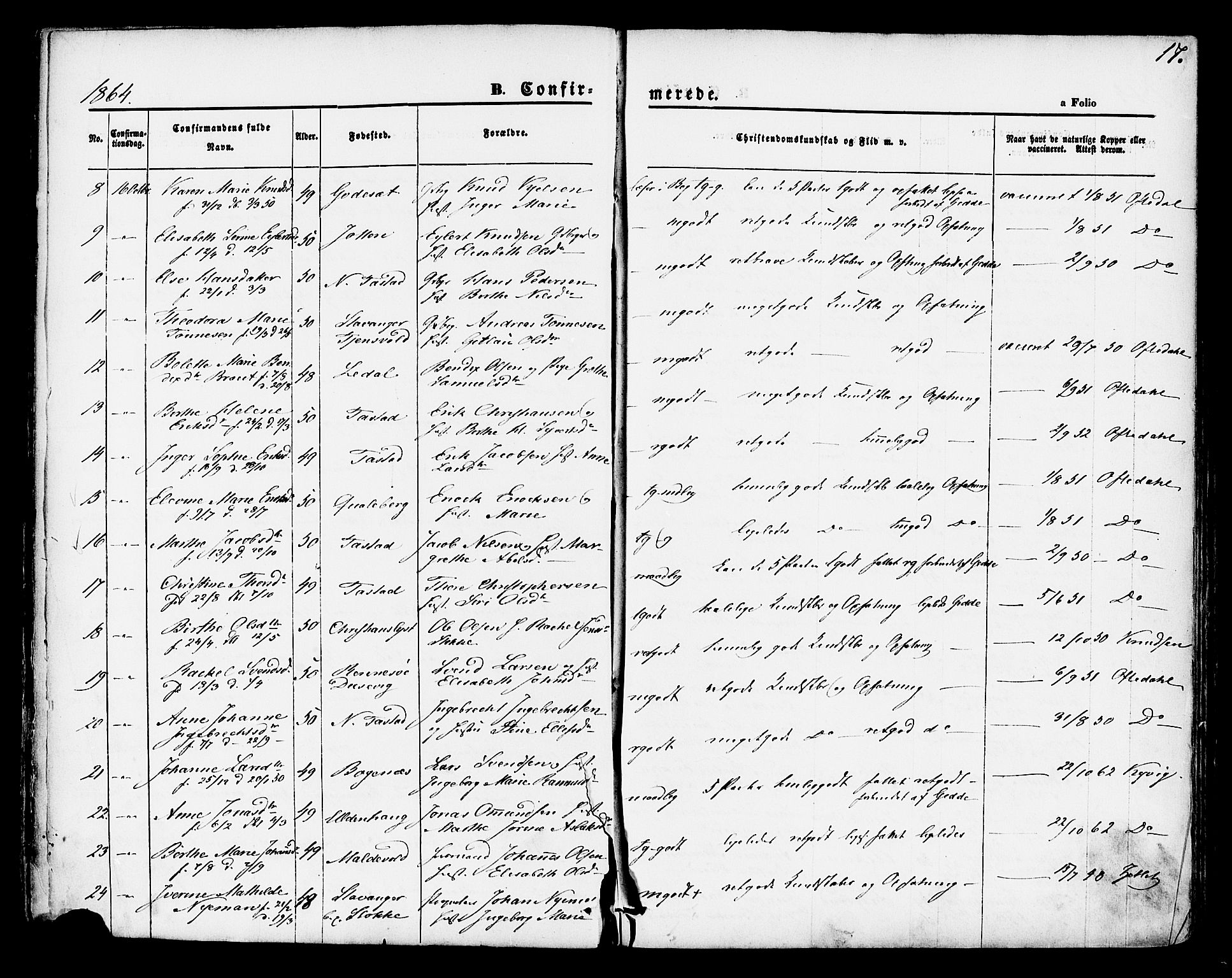 Hetland sokneprestkontor, AV/SAST-A-101826/30/30BA/L0004: Parish register (official) no. A 4, 1862-1881, p. 17