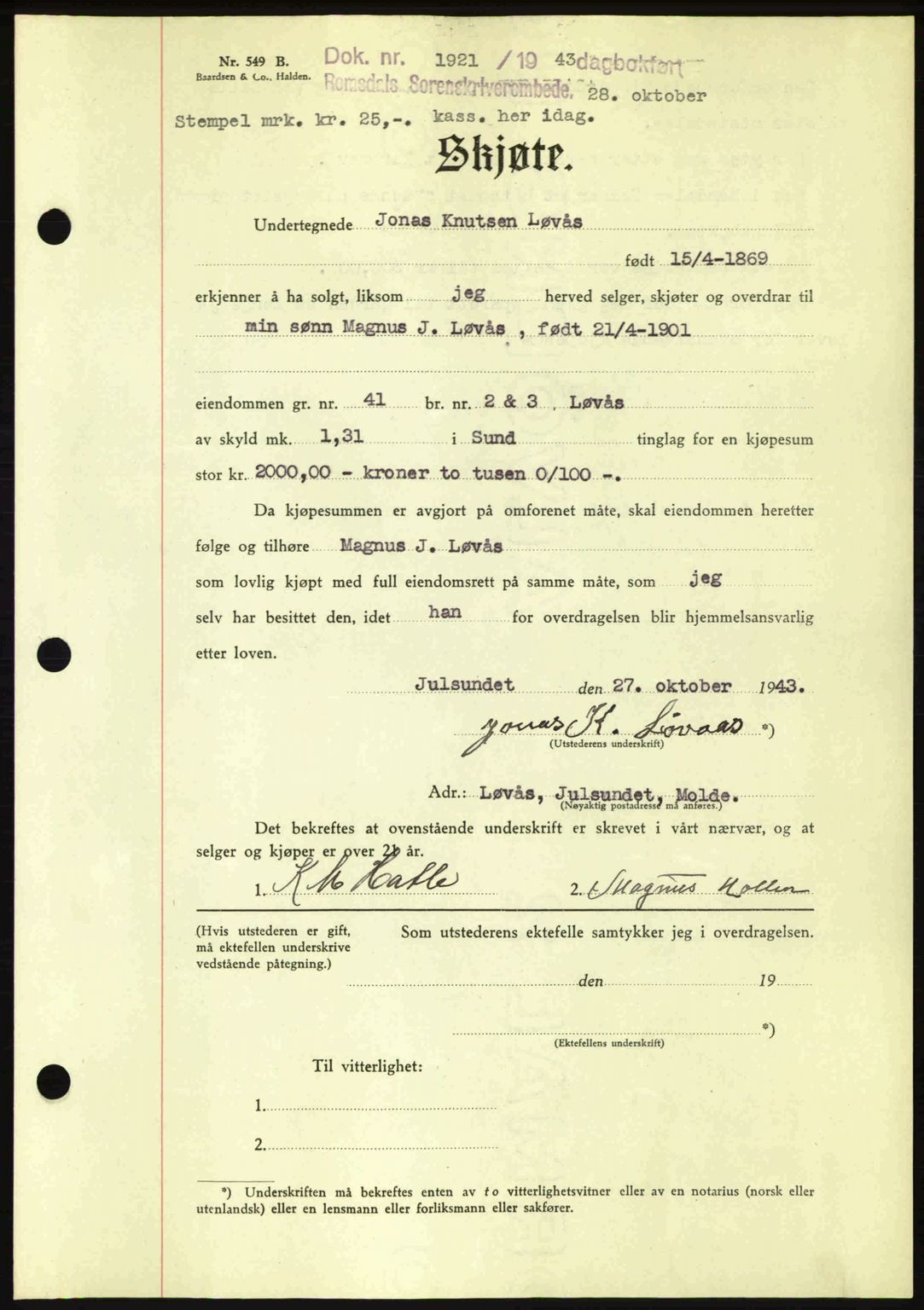 Romsdal sorenskriveri, AV/SAT-A-4149/1/2/2C: Mortgage book no. A15, 1943-1944, Diary no: : 1921/1943