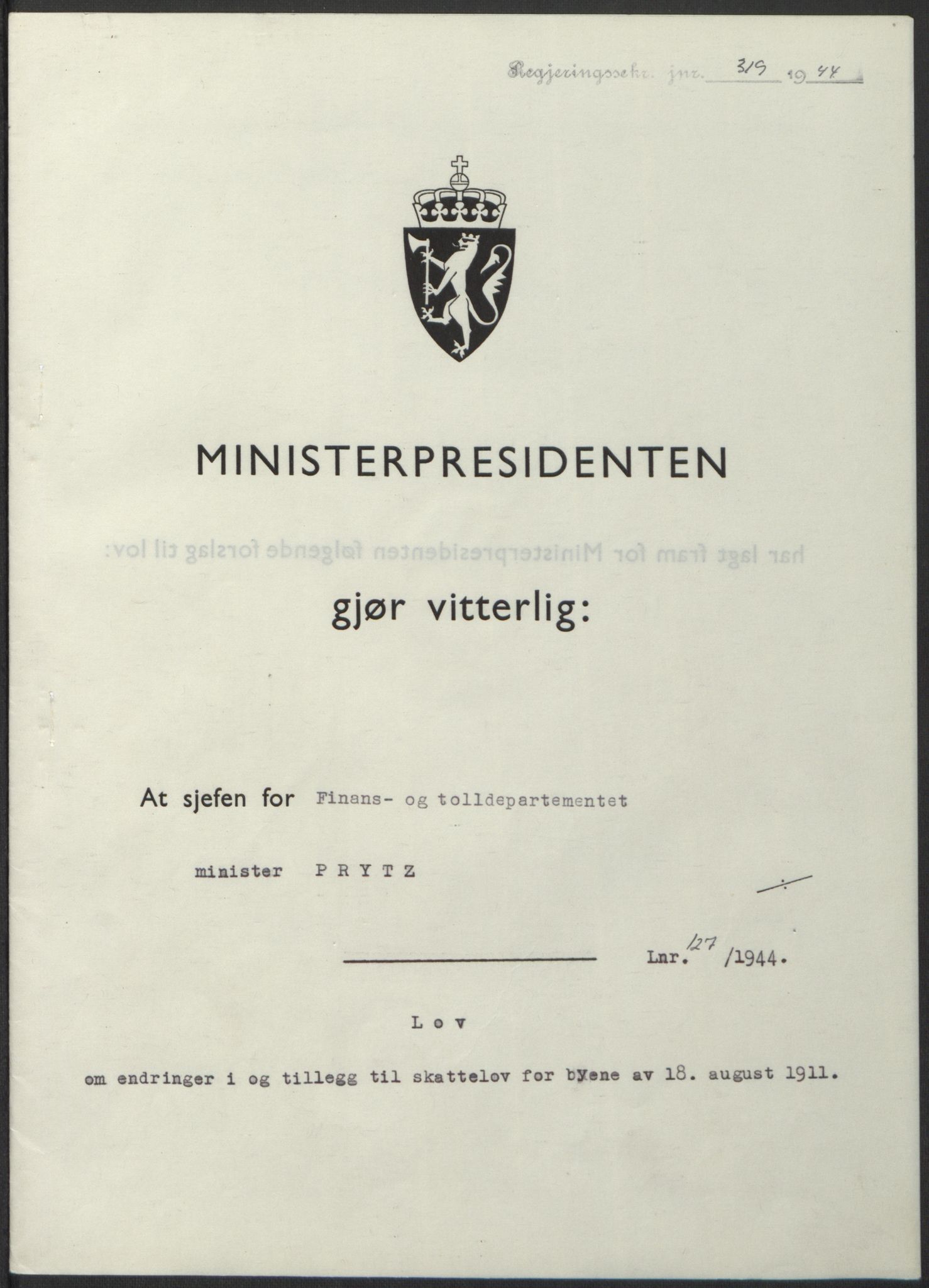 NS-administrasjonen 1940-1945 (Statsrådsekretariatet, de kommisariske statsråder mm), RA/S-4279/D/Db/L0100: Lover, 1944, p. 603