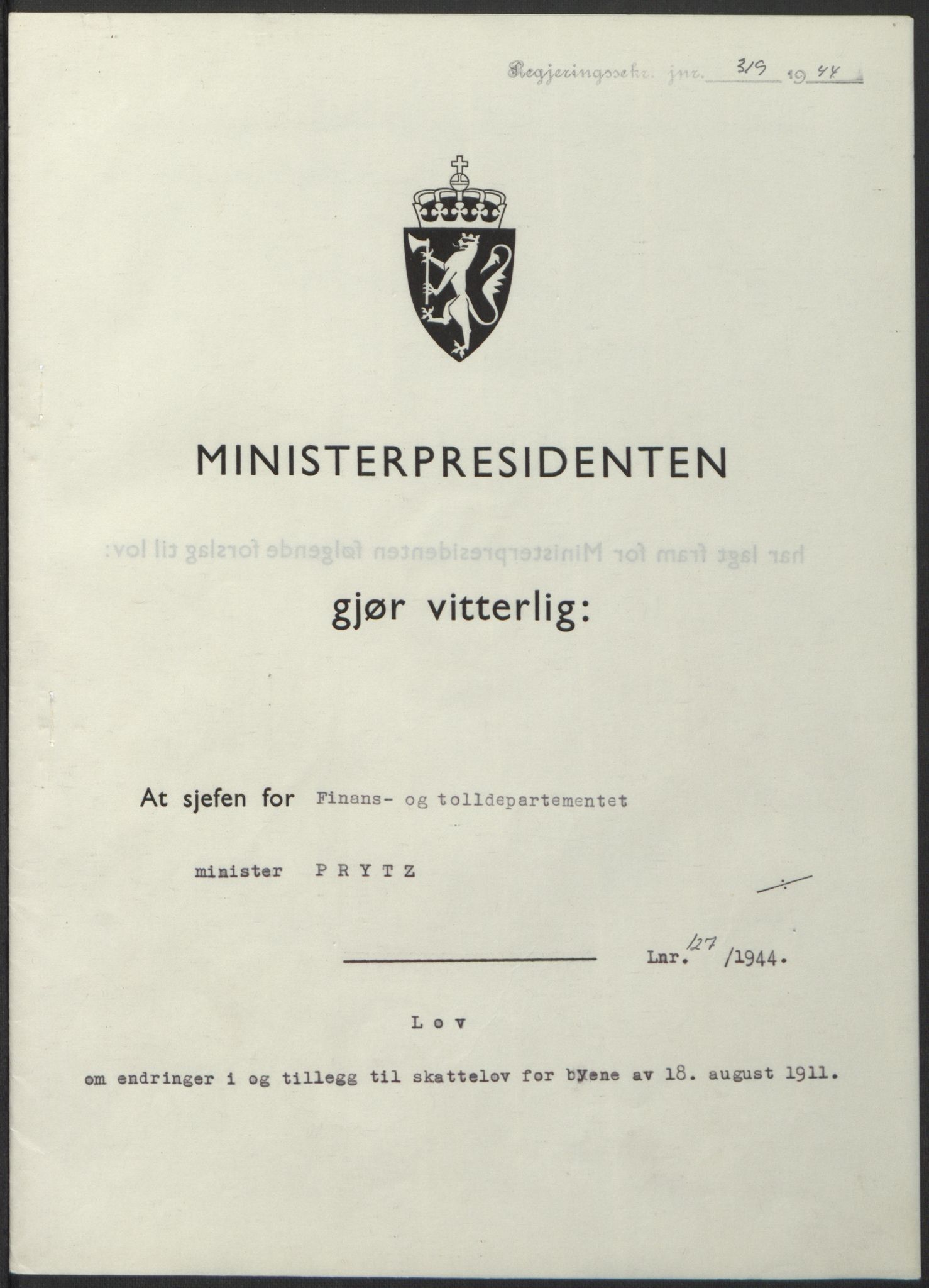 NS-administrasjonen 1940-1945 (Statsrådsekretariatet, de kommisariske statsråder mm), AV/RA-S-4279/D/Db/L0100: Lover, 1944, p. 603