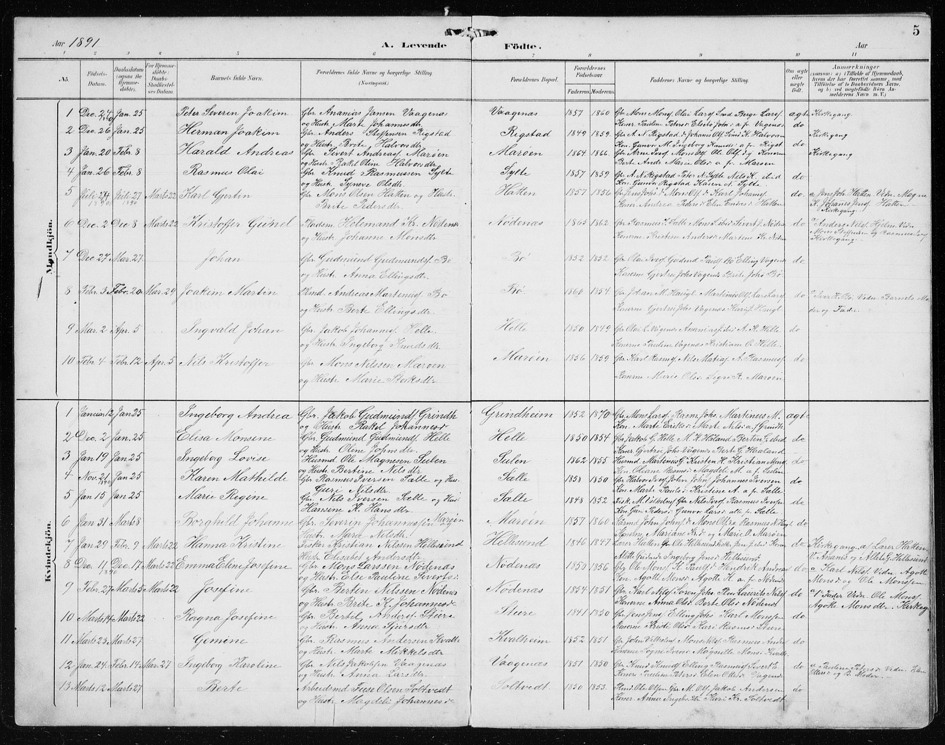 Manger sokneprestembete, AV/SAB-A-76801/H/Hab: Parish register (copy) no. B 3, 1891-1907, p. 5