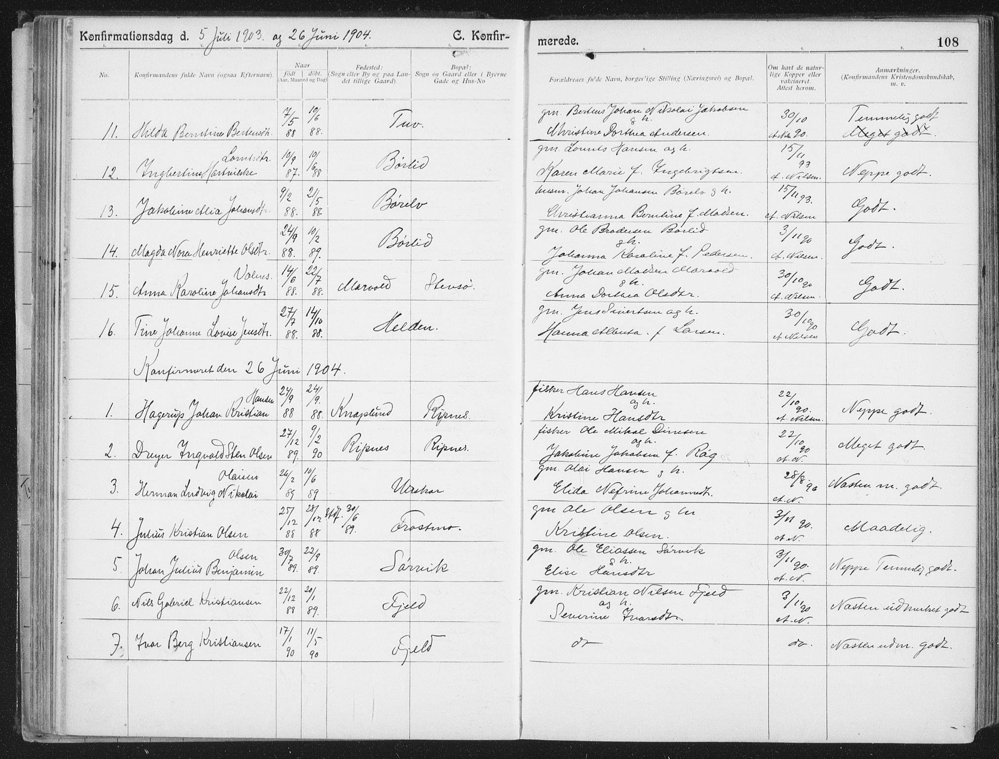 Ministerialprotokoller, klokkerbøker og fødselsregistre - Nordland, SAT/A-1459/804/L0081: Parish register (official) no. 804A02, 1901-1915, p. 108