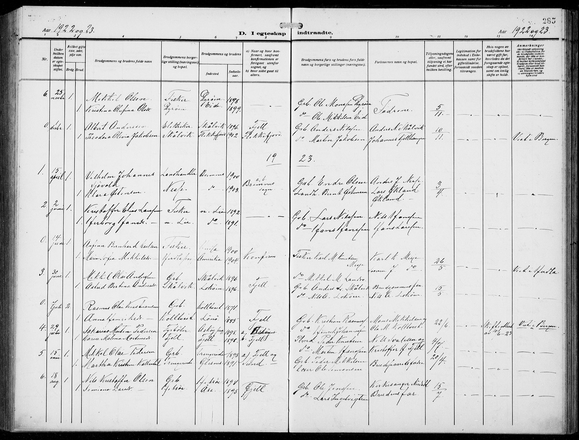 Fjell sokneprestembete, SAB/A-75301/H/Hab: Parish register (copy) no. A  6, 1918-1936, p. 285
