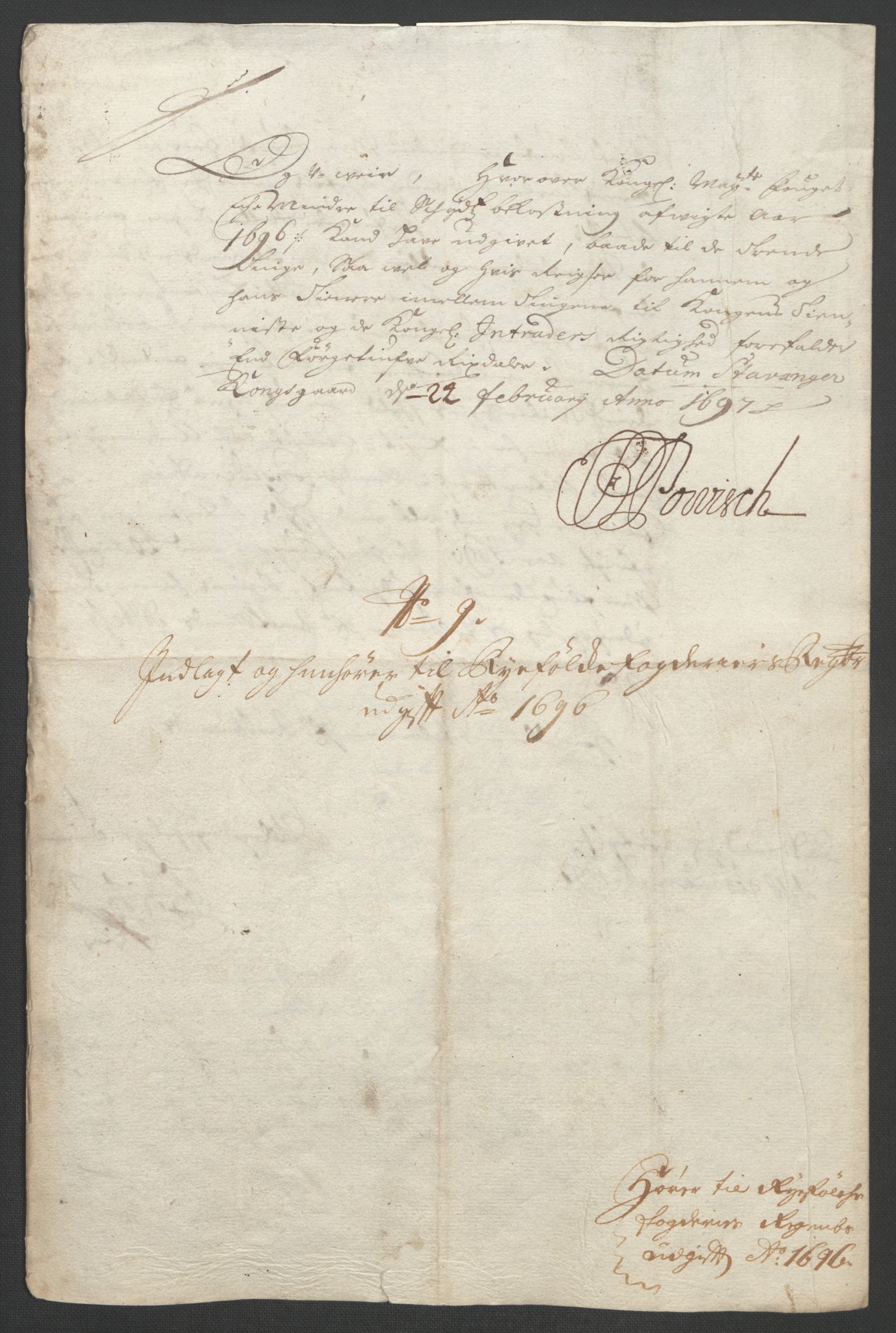 Rentekammeret inntil 1814, Reviderte regnskaper, Fogderegnskap, RA/EA-4092/R47/L2857: Fogderegnskap Ryfylke, 1694-1696, p. 311