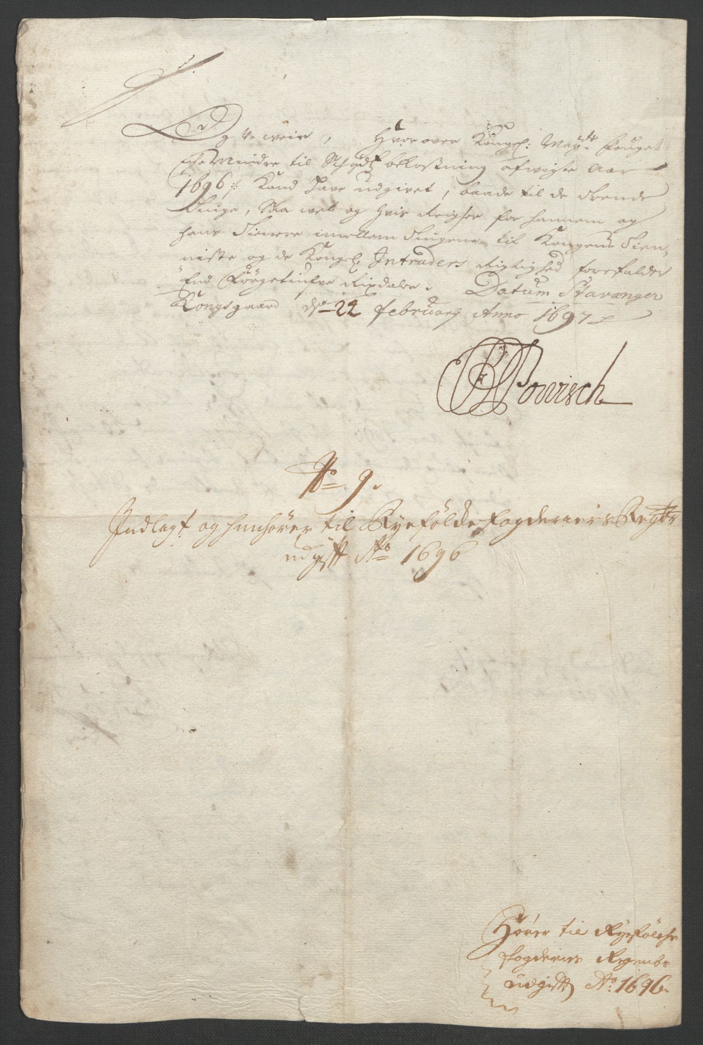 Rentekammeret inntil 1814, Reviderte regnskaper, Fogderegnskap, AV/RA-EA-4092/R47/L2857: Fogderegnskap Ryfylke, 1694-1696, p. 311