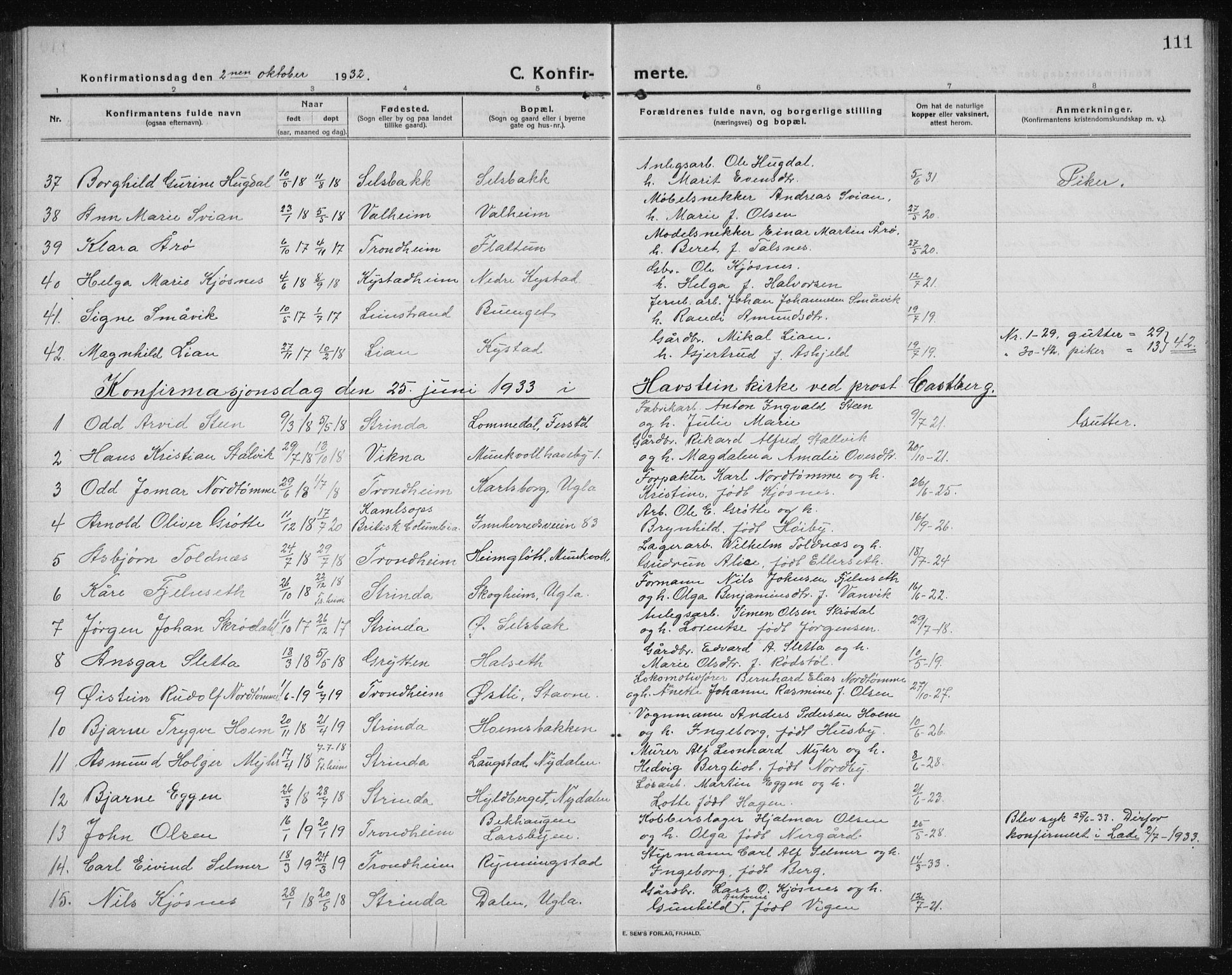 Ministerialprotokoller, klokkerbøker og fødselsregistre - Sør-Trøndelag, SAT/A-1456/611/L0356: Parish register (copy) no. 611C04, 1914-1938, p. 111