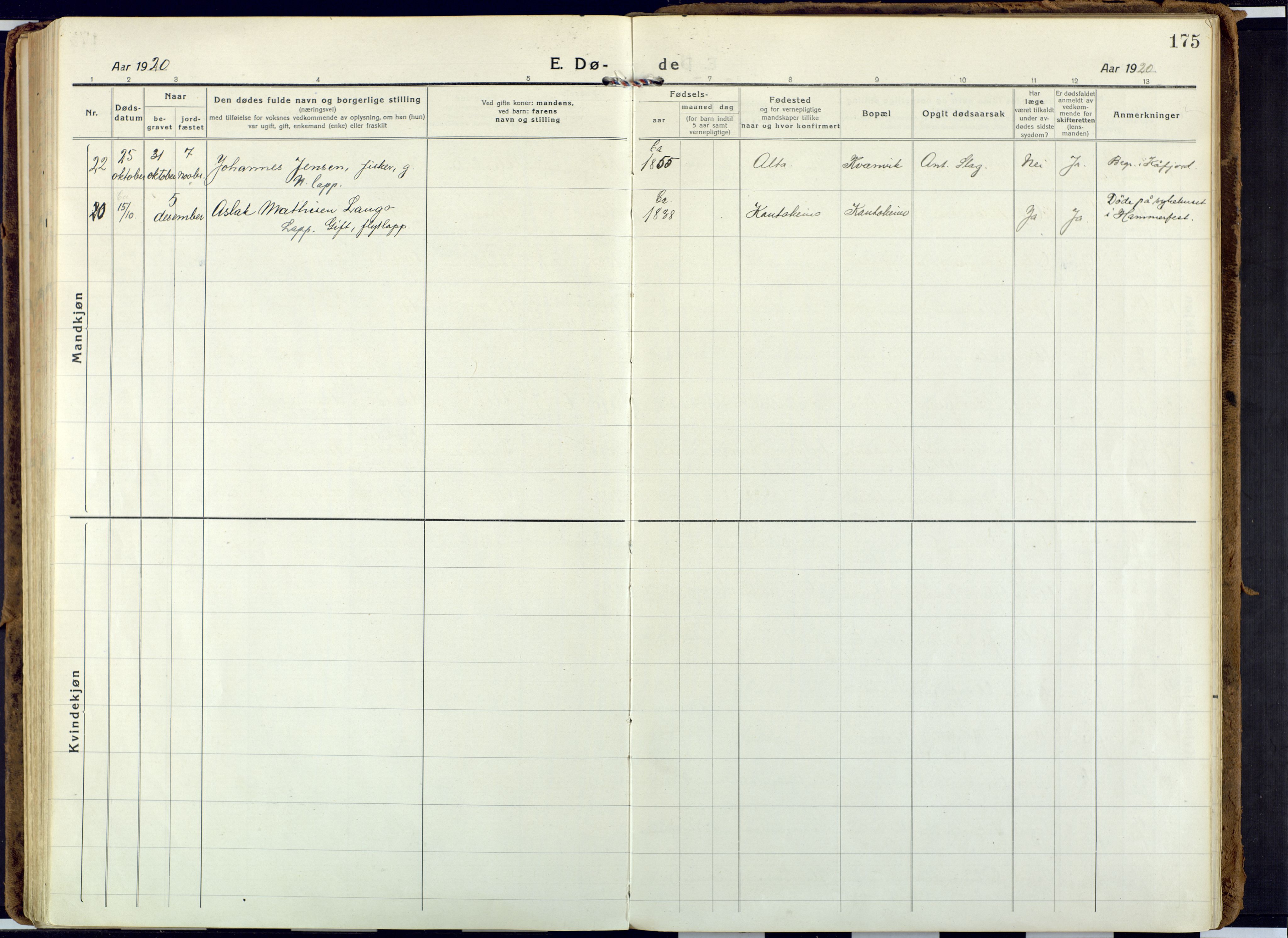 Alta sokneprestkontor, SATØ/S-1338/H/Ha: Parish register (official) no. 6, 1918-1931, p. 175