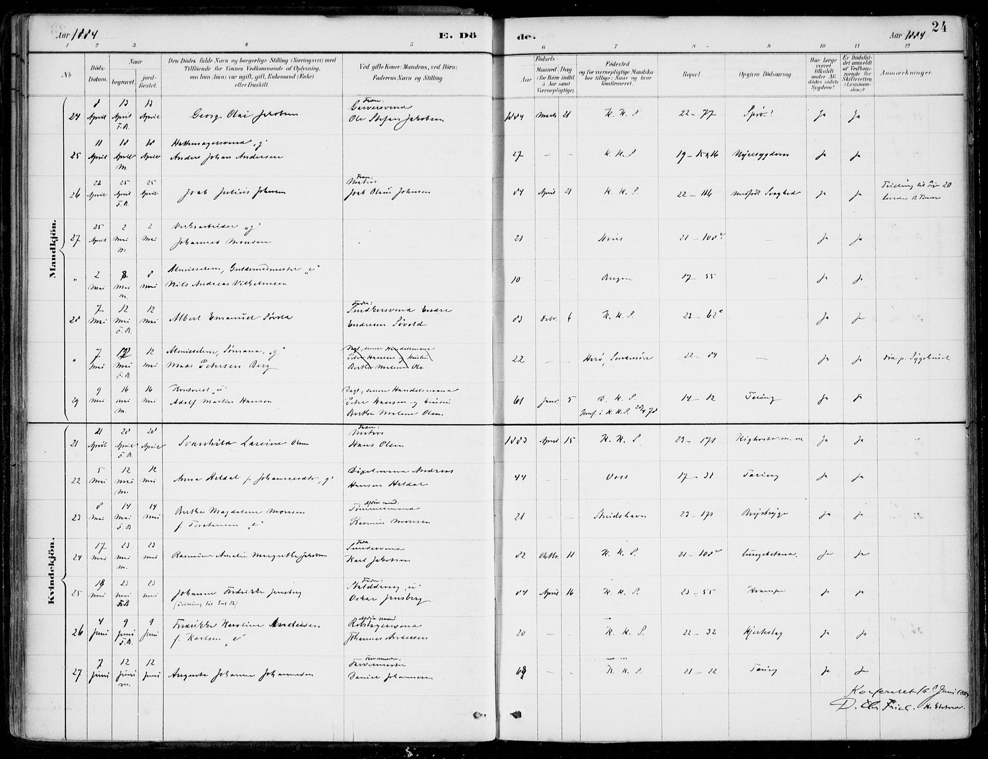 Korskirken sokneprestembete, AV/SAB-A-76101/H/Hab: Parish register (copy) no. E 4, 1884-1910, p. 24