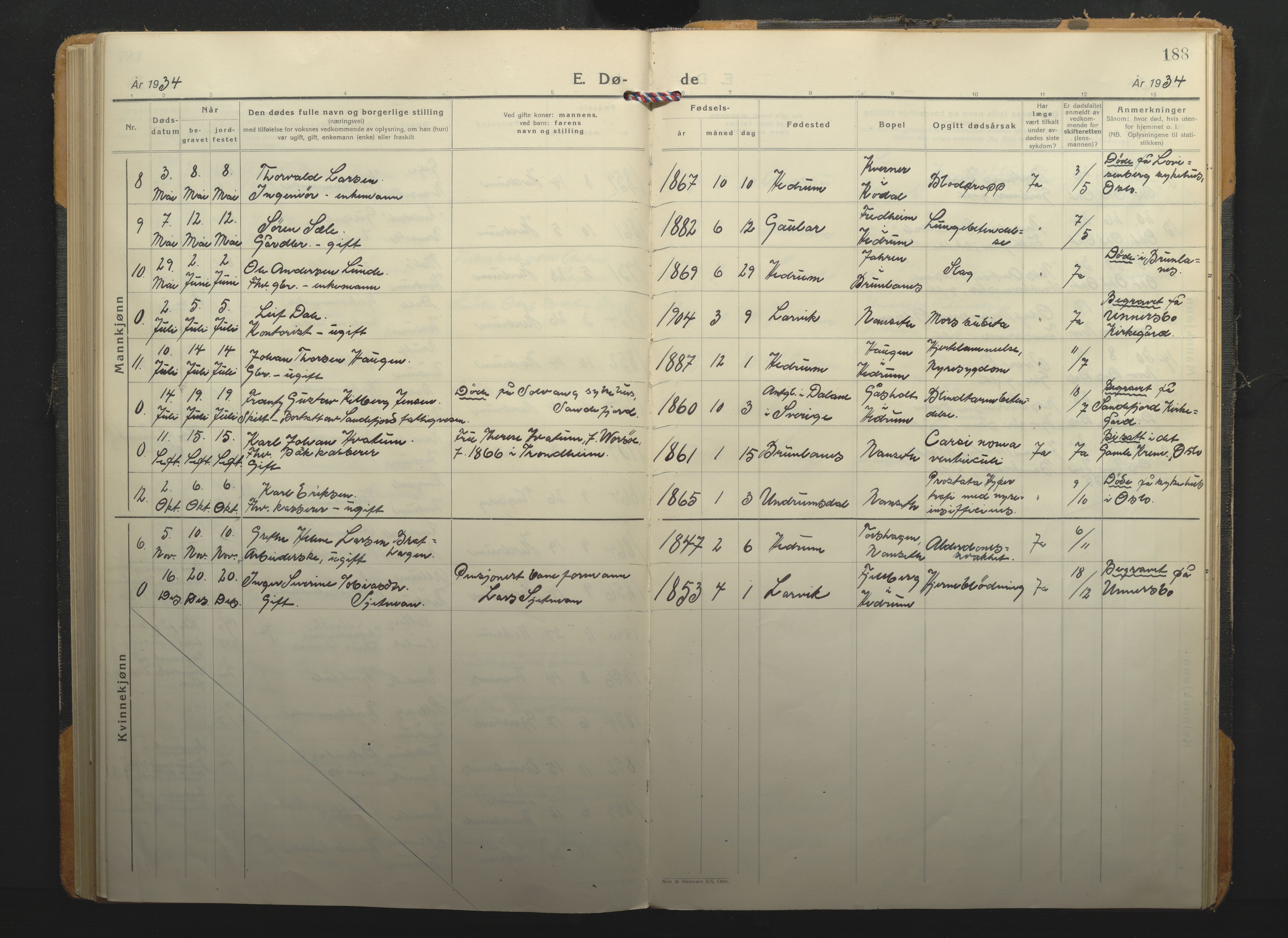 Hedrum kirkebøker, SAKO/A-344/F/Fa/L0012: Parish register (official) no. I 12, 1934-1941, p. 188