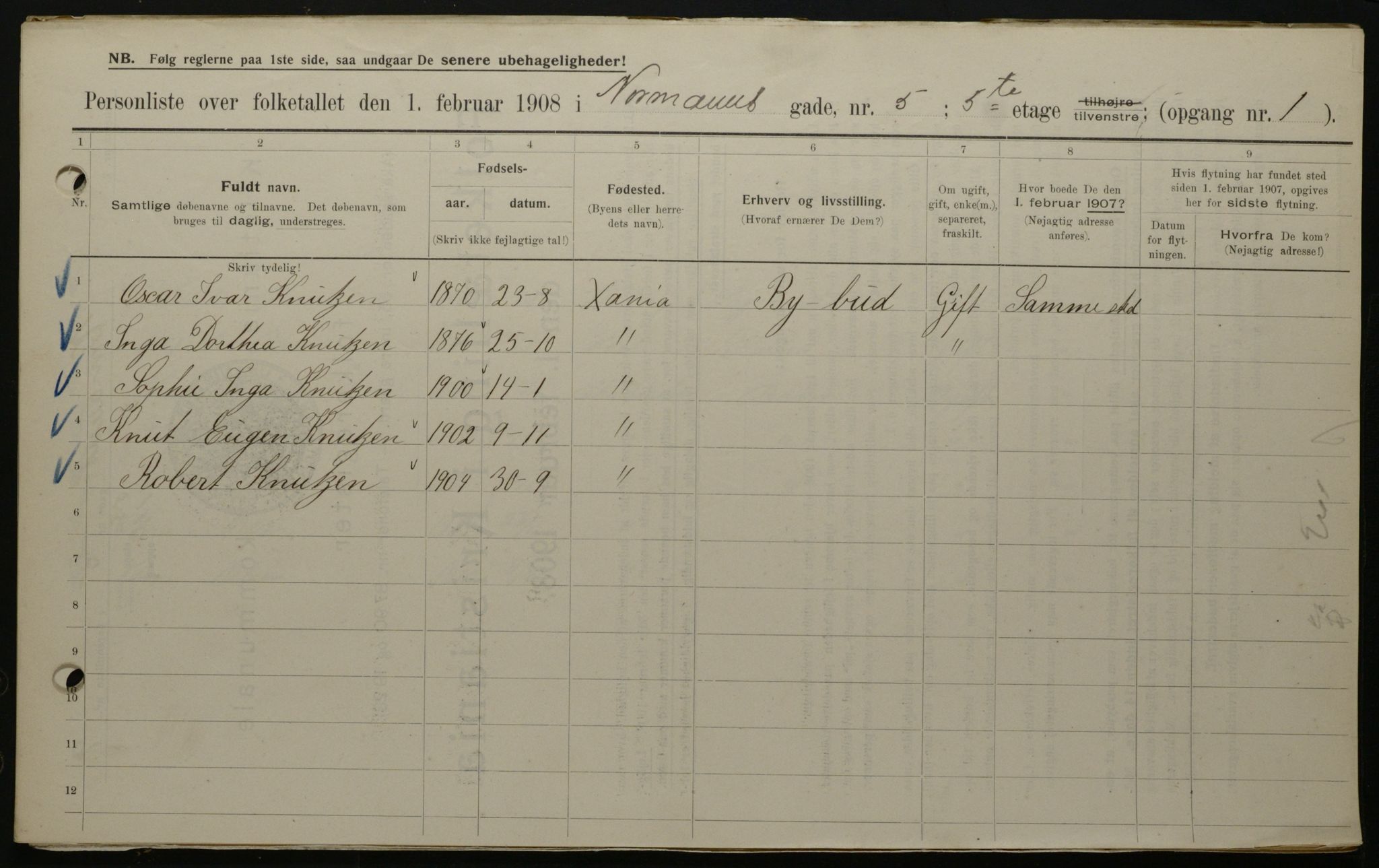 OBA, Municipal Census 1908 for Kristiania, 1908, p. 66035