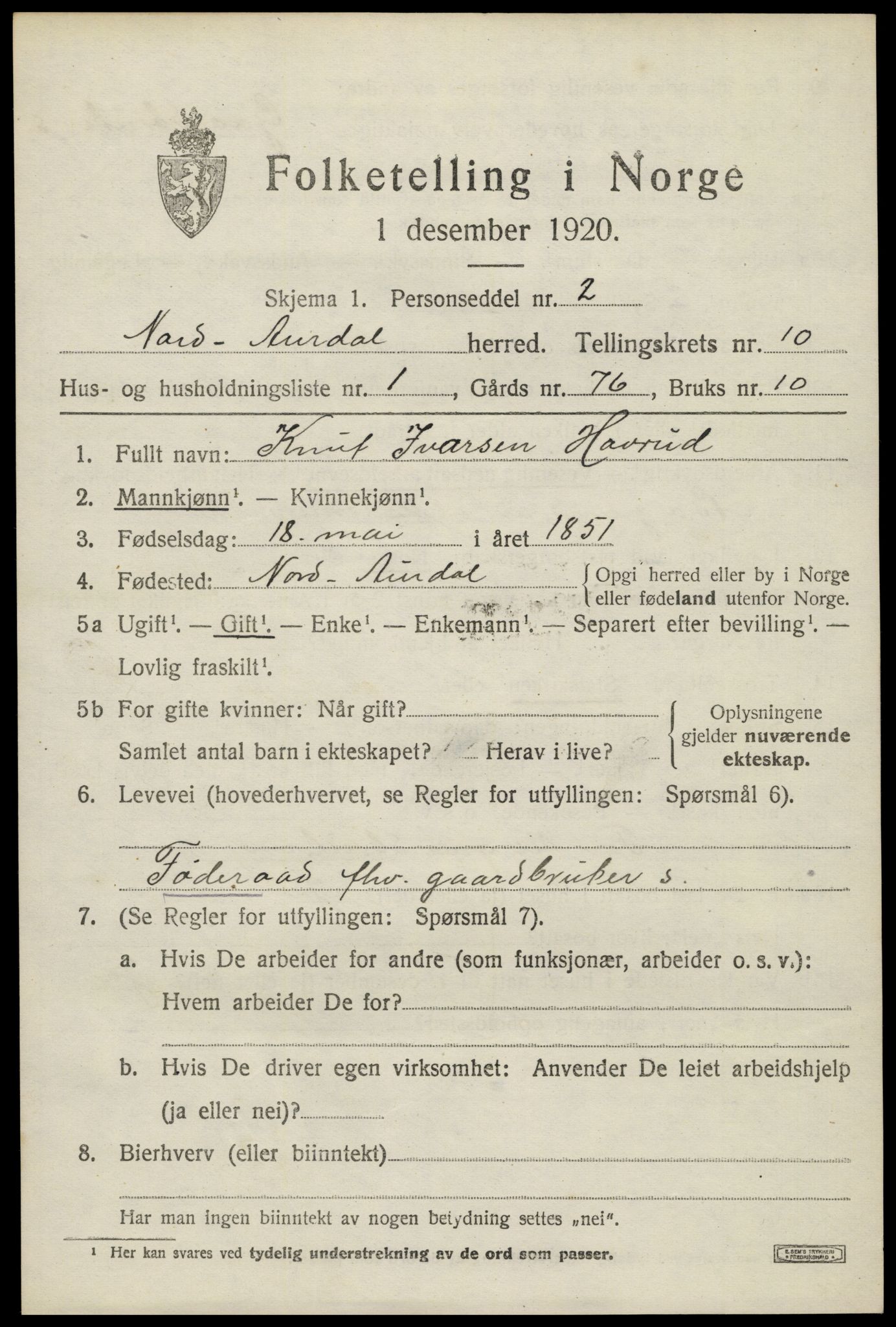 SAH, 1920 census for Nord-Aurdal, 1920, p. 7880