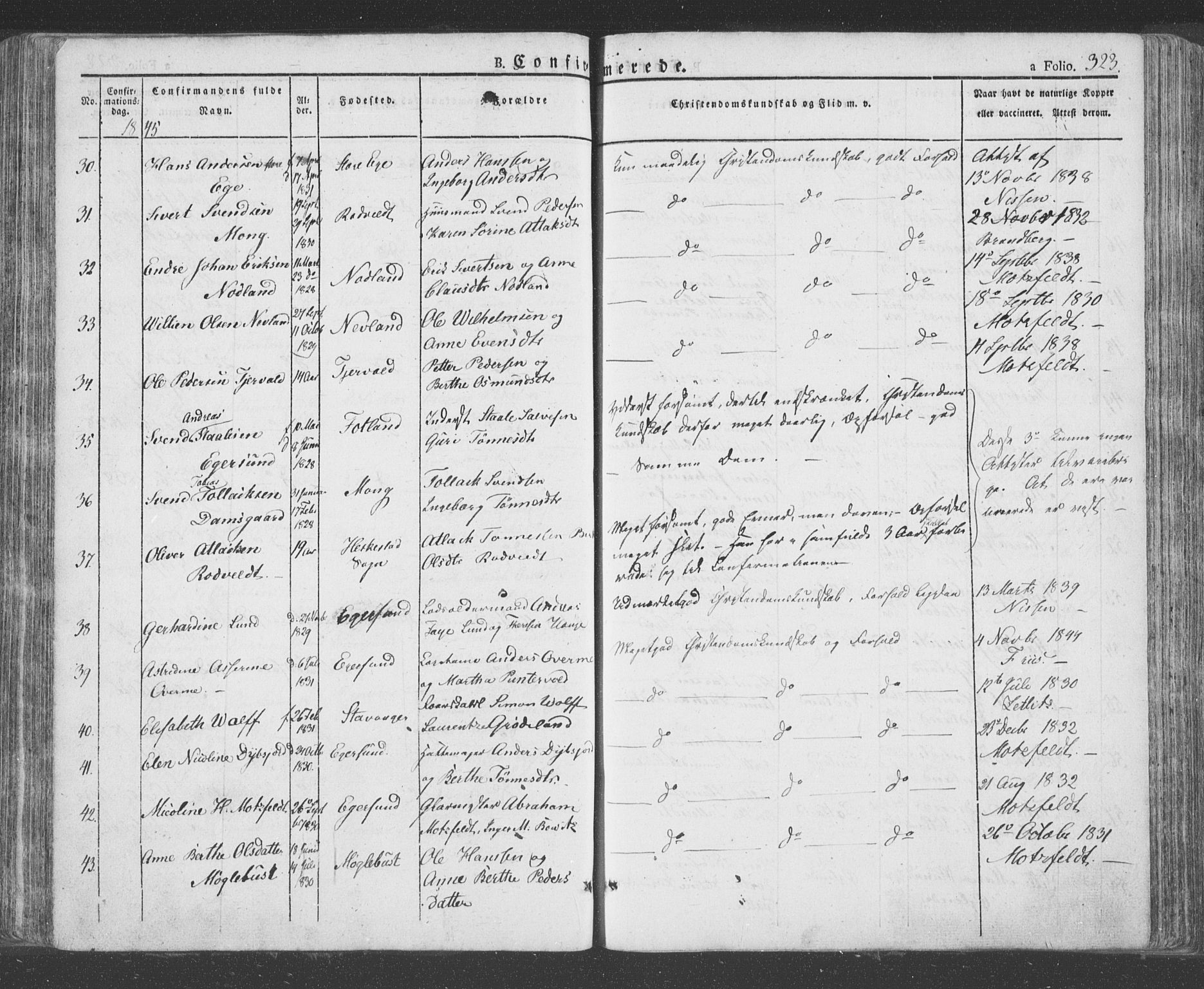 Eigersund sokneprestkontor, AV/SAST-A-101807/S08/L0009: Parish register (official) no. A 9, 1827-1850, p. 323