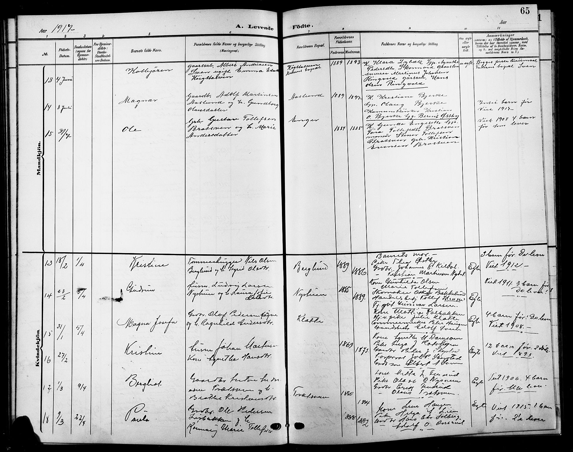 Biri prestekontor, AV/SAH-PREST-096/H/Ha/Hab/L0005: Parish register (copy) no. 5, 1906-1919, p. 65