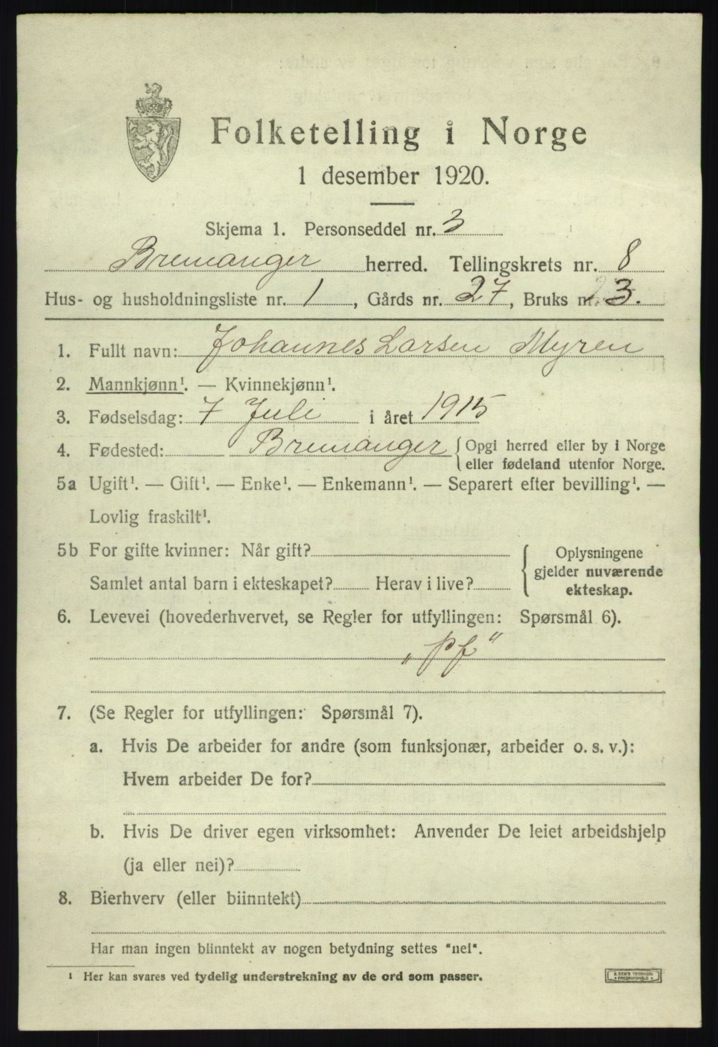 SAB, 1920 census for Bremanger, 1920, p. 4776
