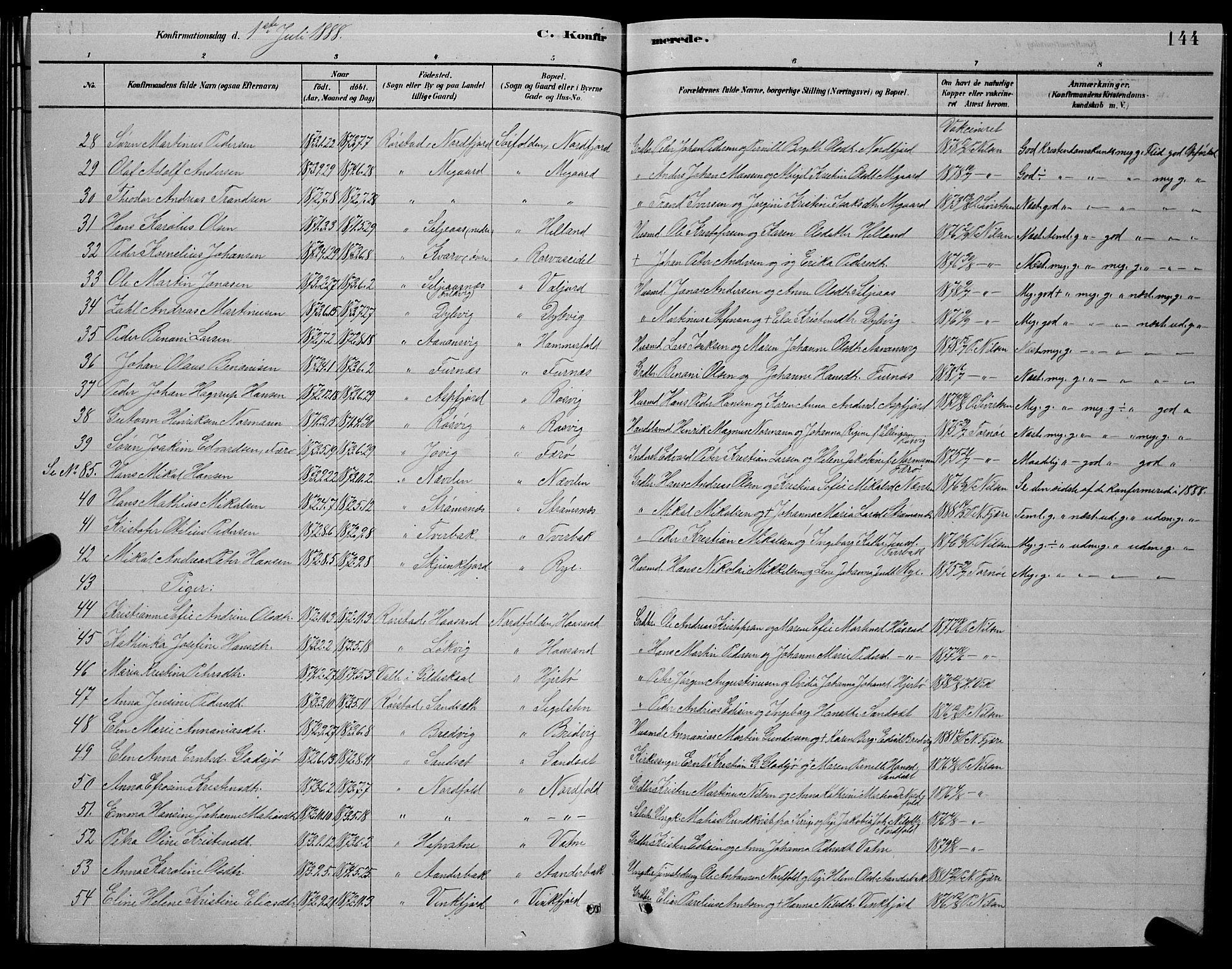 Ministerialprotokoller, klokkerbøker og fødselsregistre - Nordland, AV/SAT-A-1459/853/L0776: Parish register (copy) no. 853C04, 1878-1889, p. 144