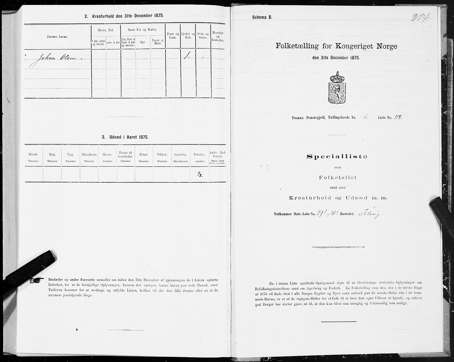 SAT, 1875 census for 1748P Fosnes, 1875, p. 3314